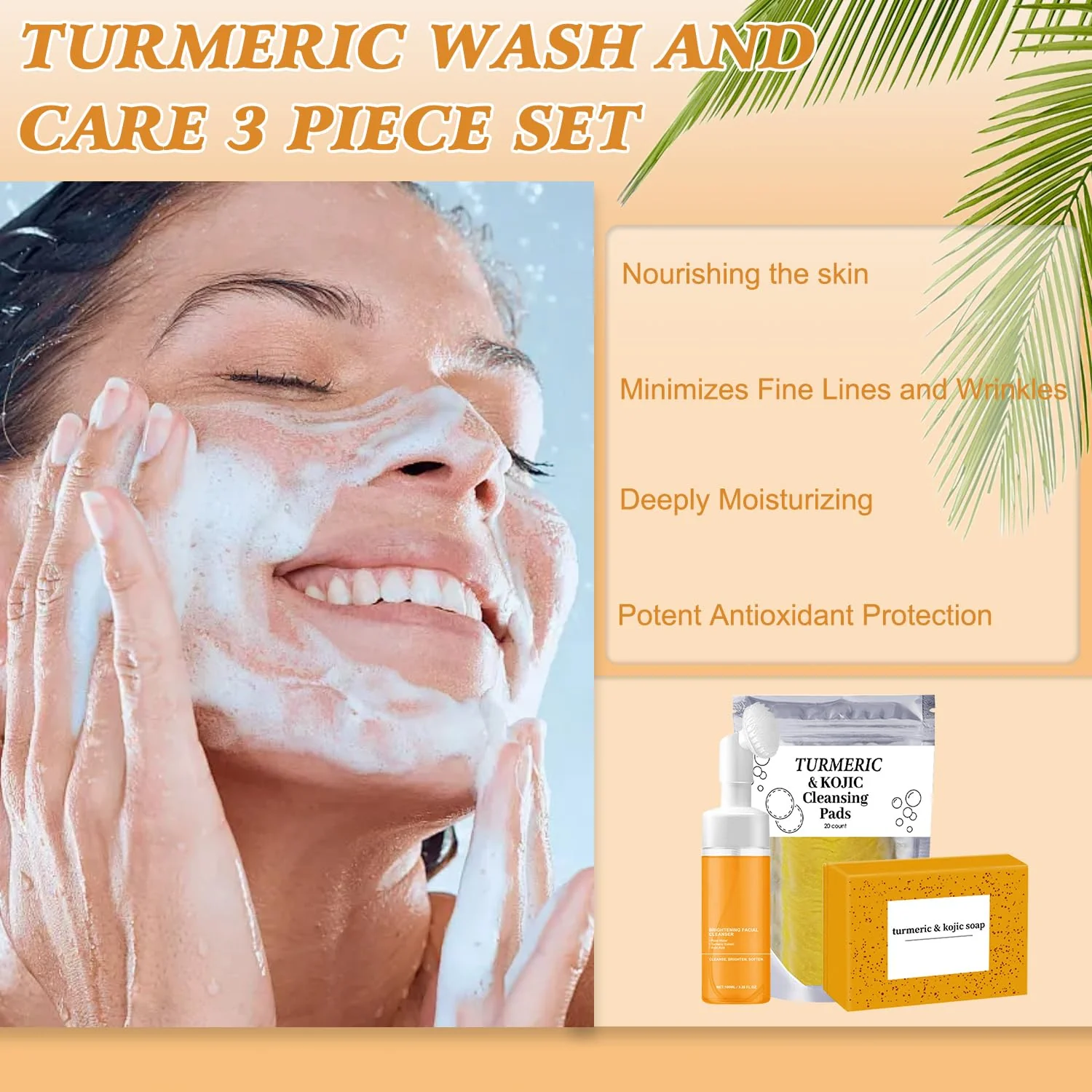 4Pcs Turmeric Wash and Care Three Piece Set,Turmeric Trio: Facial Wash,Cleansing Mousse & Soap for Skin Care,Turmeric Cleansing Exfoliating Pads,Turmeric Face Wash for Face & Body - Image 8