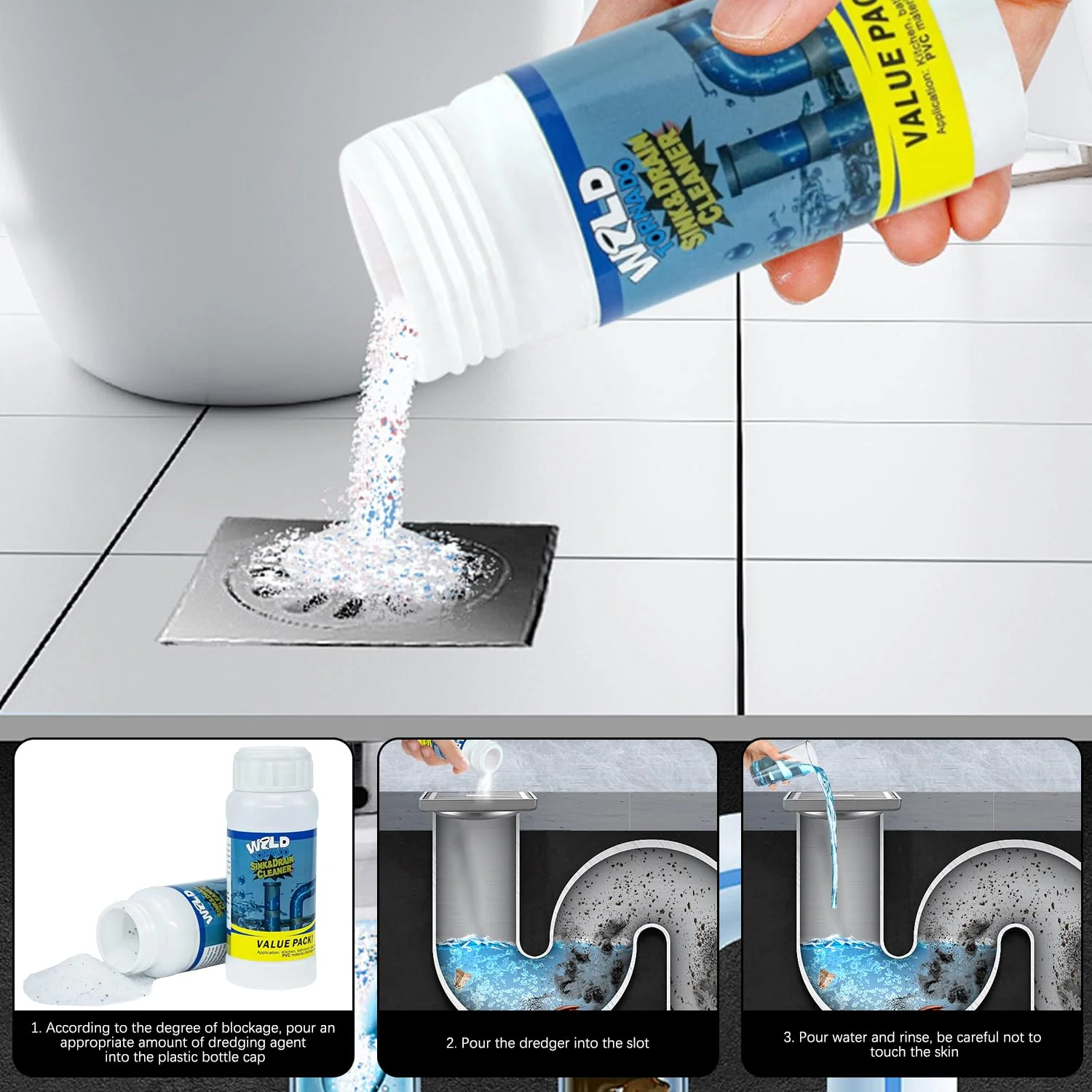 4Pcs Wild Tornado Pipe Dredge, Powerful Sink and Drain Cleaner Powder, Quick Foaming Drain Cleaner for Kitchen, Bathroom & Toilet Pipes - Image 2