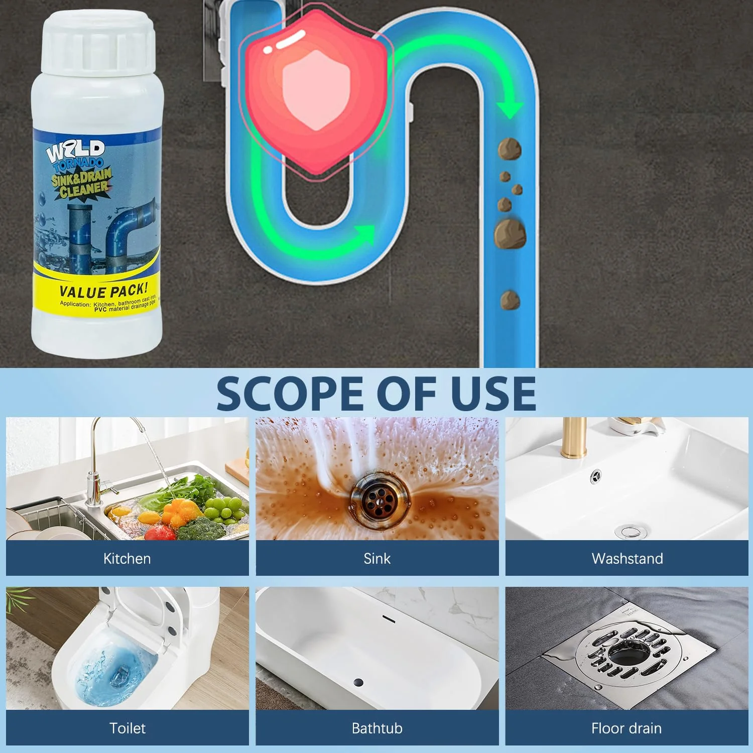 4Pcs Wild Tornado Pipe Dredge, Powerful Sink and Drain Cleaner Powder, Quick Foaming Drain Cleaner for Kitchen, Bathroom & Toilet Pipes - Image 3
