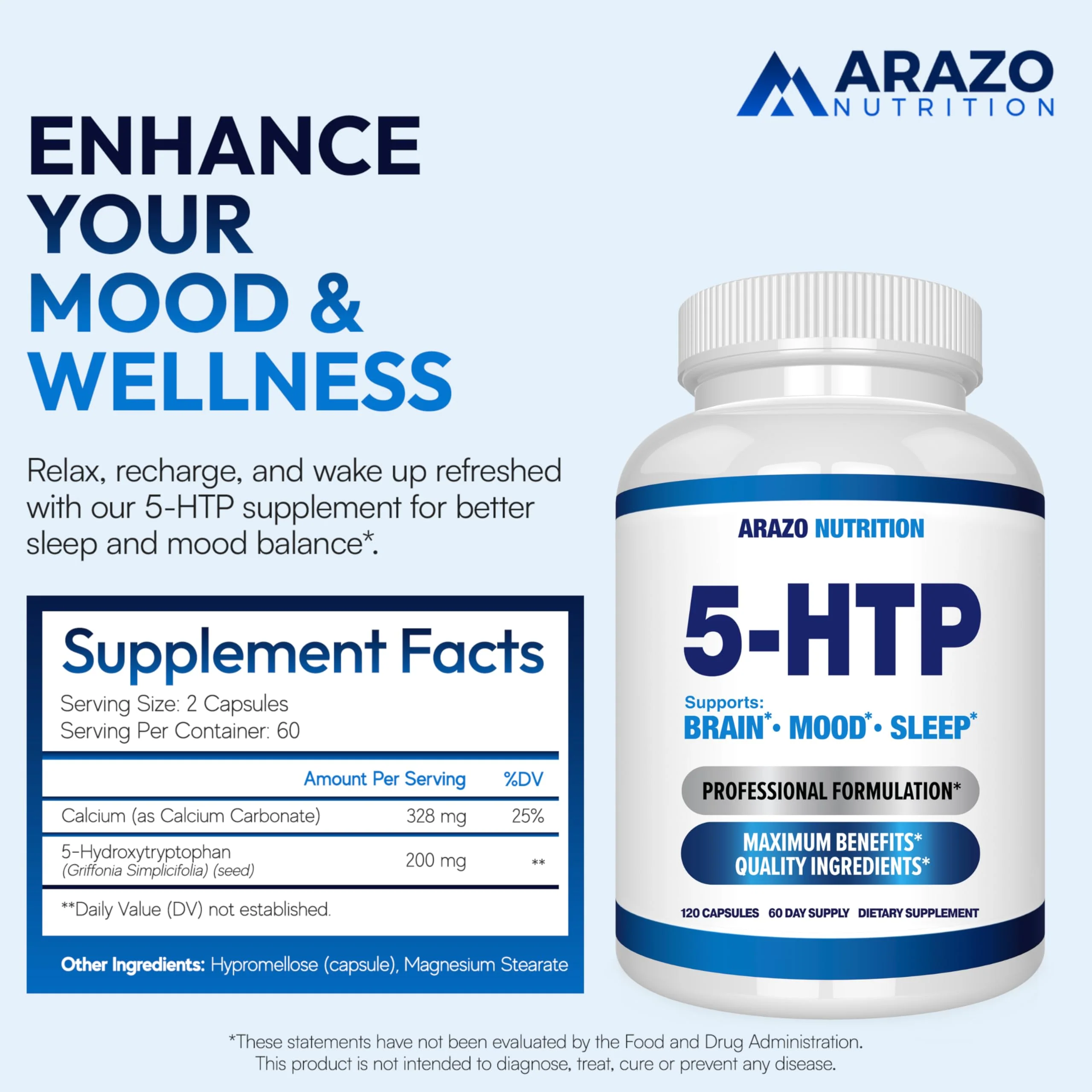 5-HTP 200 MG Per Serving Plus Calcium for Mood, Sleep – Supports Calm and Relaxed Mood – 99% High Purity – 120 Capsules – Arazo Nutrition - Image 8