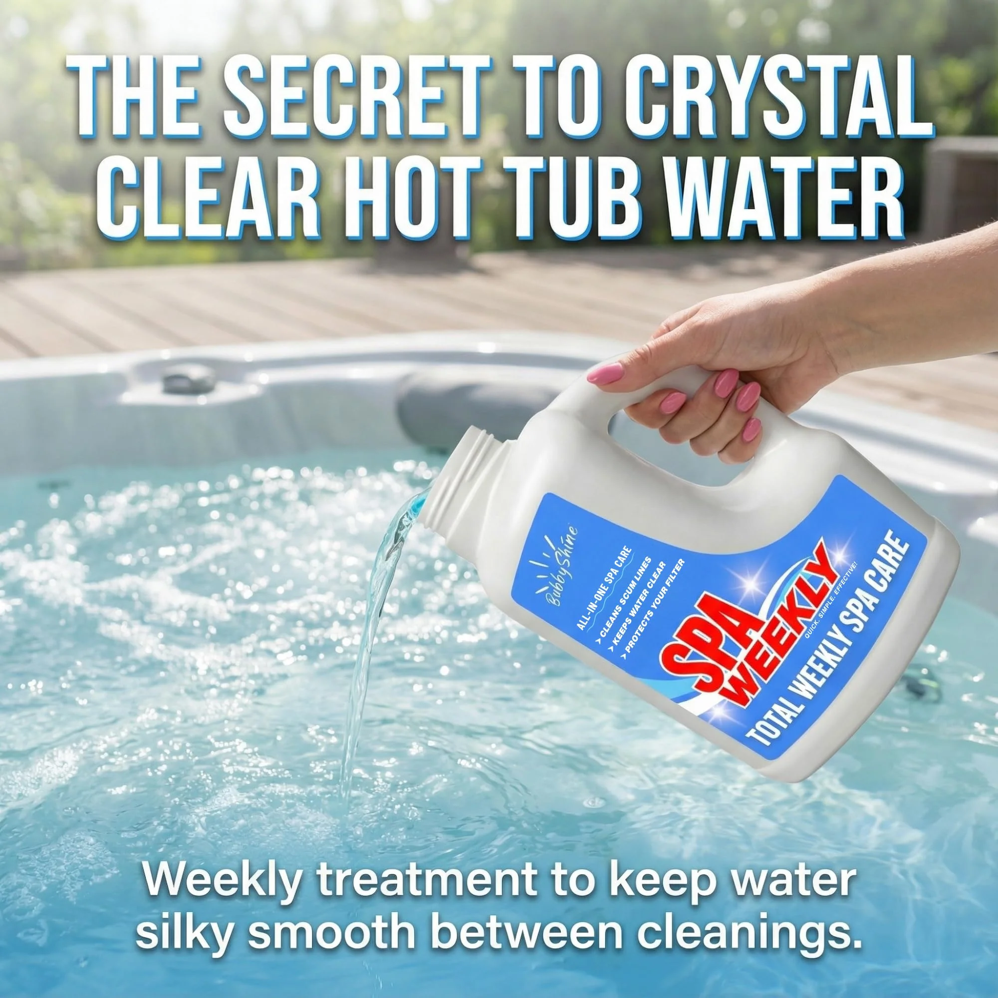 5-in-1 Hot Tub Chemicals – Spa Weekly Enzyme Cleaner & Clarifier, Scum Line Cleaner, Filter Protector + Water Conditioner, Clear Finish for Spas & Inflatable Tubs, 3 Liter (101.5 fl oz) – BubbyShine - Image 2