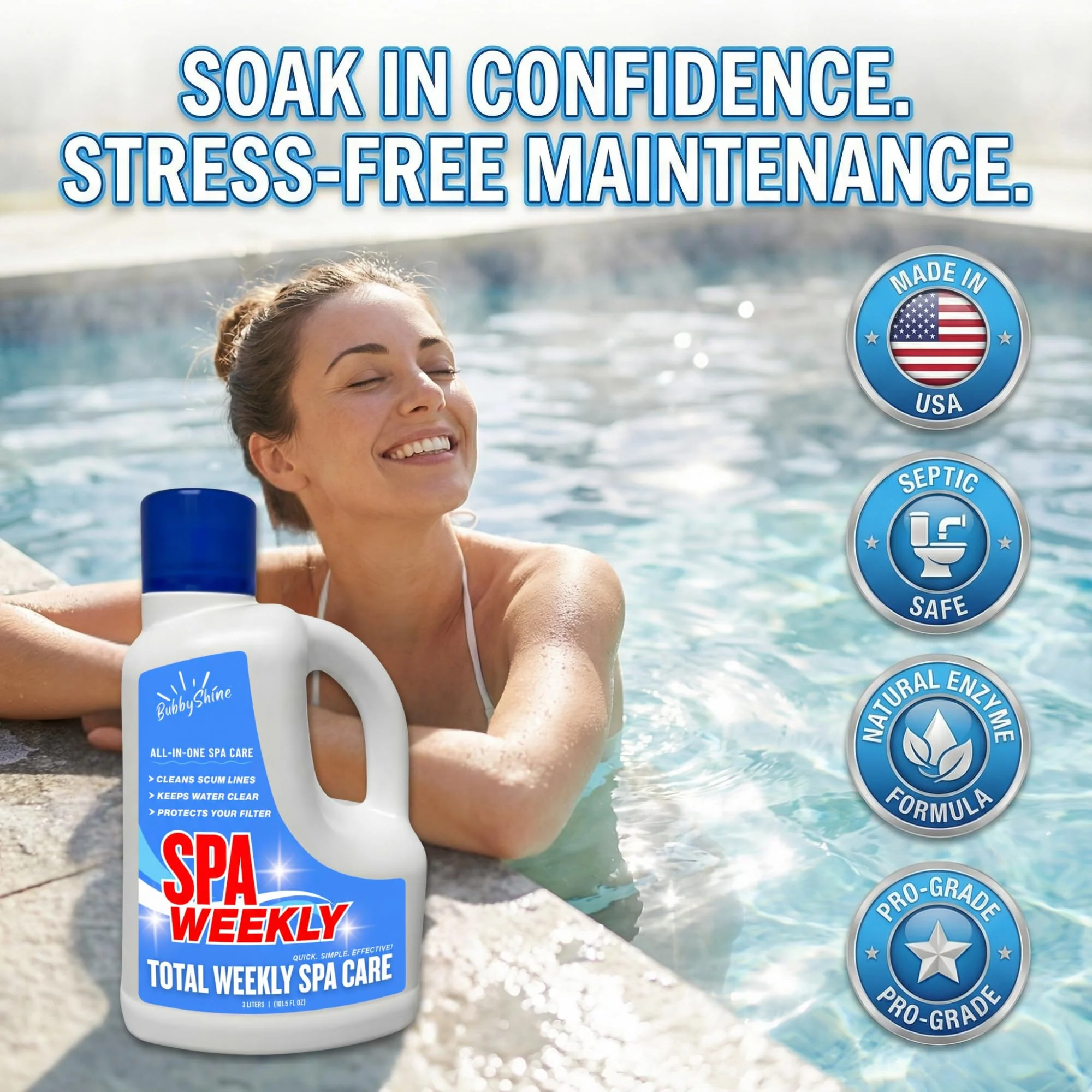 5-in-1 Hot Tub Chemicals – Spa Weekly Enzyme Cleaner & Clarifier, Scum Line Cleaner, Filter Protector + Water Conditioner, Clear Finish for Spas & Inflatable Tubs, 3 Liter (101.5 fl oz) – BubbyShine - Image 4