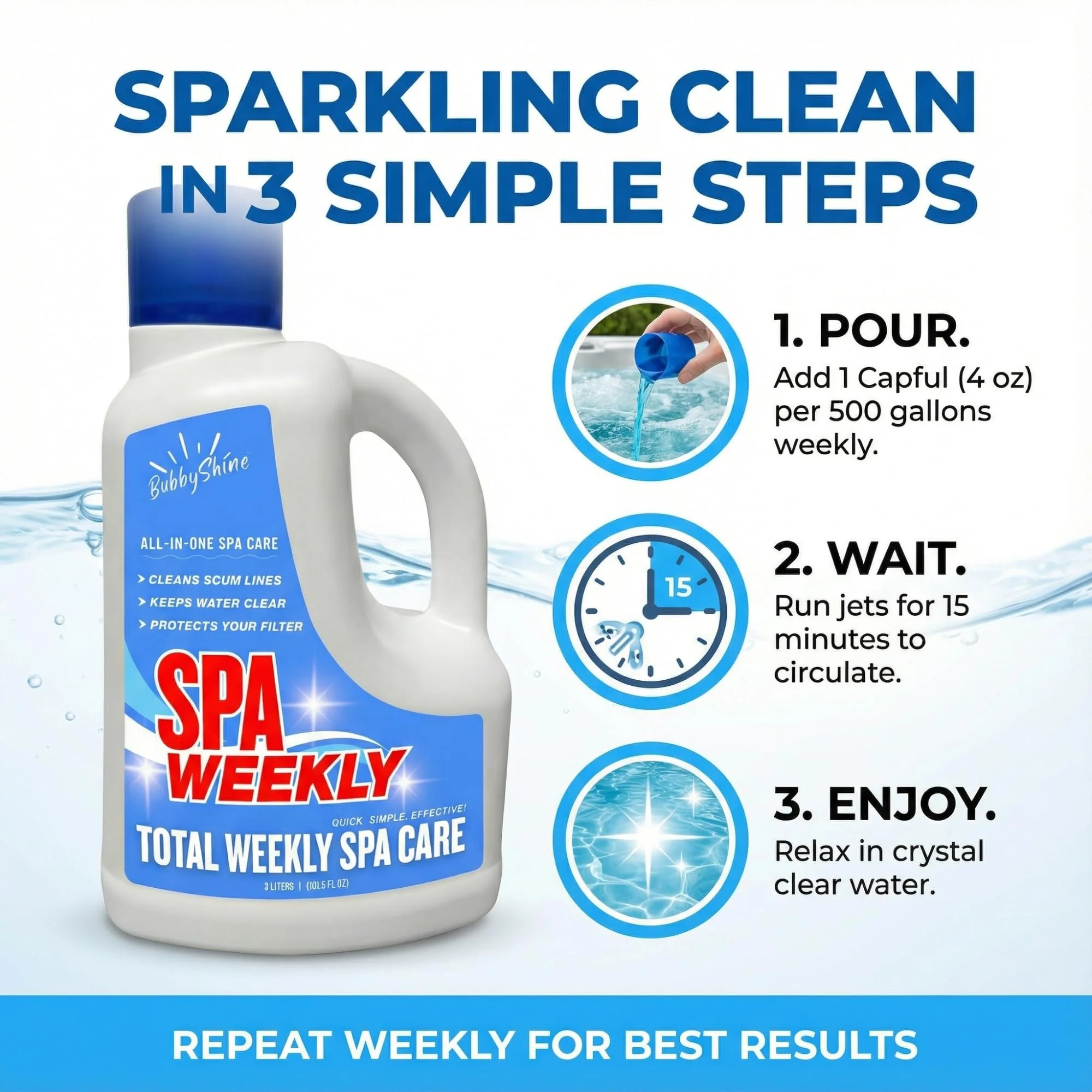 5-in-1 Hot Tub Chemicals – Spa Weekly Enzyme Cleaner & Clarifier, Scum Line Cleaner, Filter Protector + Water Conditioner, Clear Finish for Spas & Inflatable Tubs, 3 Liter (101.5 fl oz) – BubbyShine - Image 7