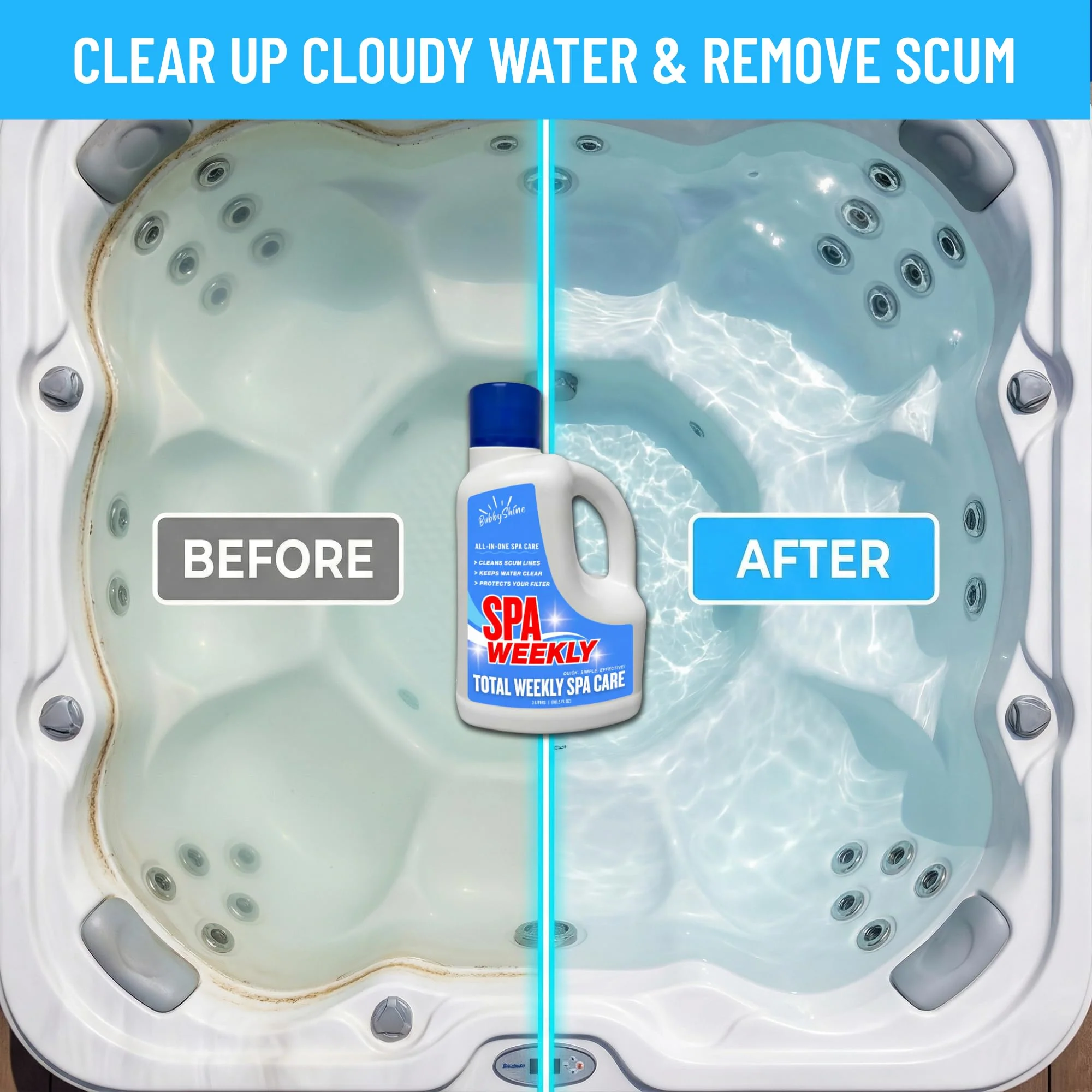 5-in-1 Hot Tub Chemicals – Spa Weekly Enzyme Cleaner & Clarifier, Scum Line Cleaner, Filter Protector + Water Conditioner, Clear Finish for Spas & Inflatable Tubs, 3 Liter (101.5 fl oz) – BubbyShine - Image 8