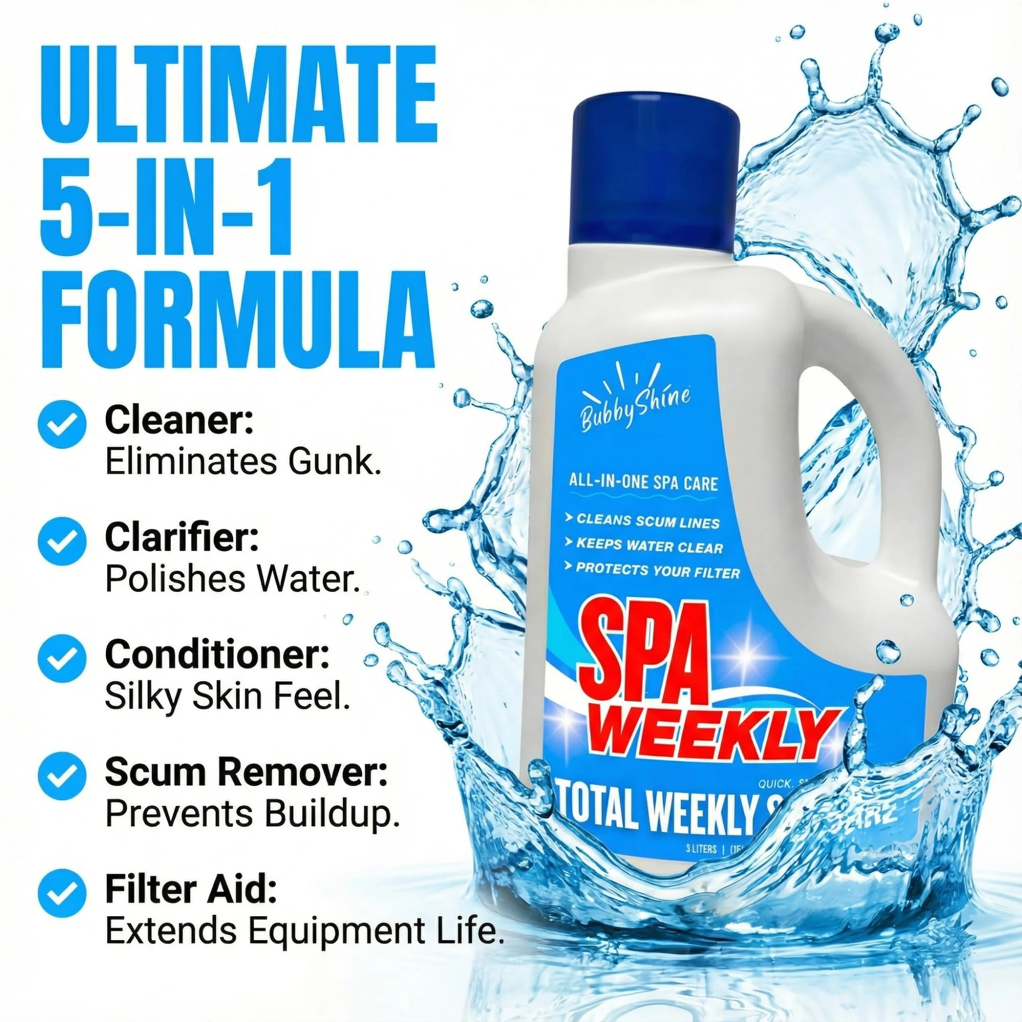 5-in-1 Hot Tub Chemicals – Spa Weekly Enzyme Cleaner & Clarifier, Scum Line Cleaner, Filter Protector + Water Conditioner, Clear Finish for Spas & Inflatable Tubs, 3 Liter (101.5 fl oz) – BubbyShine - Image 9