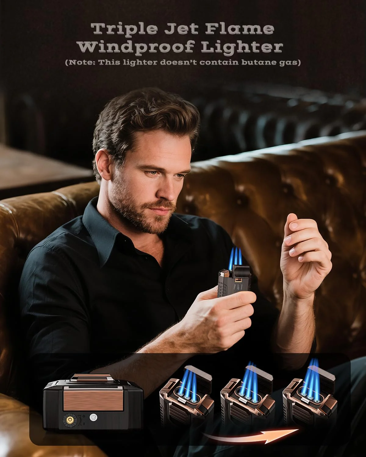 5-in-1 Torch Lighter with Tool, Punch, Holder and Draw Enhancer Tool, Triple Windproof Jet Flame, Refillable Lighters with Accessories, Cool Lighter Gifts for Men, Butane Lighter for Candle, Travel - Image 7