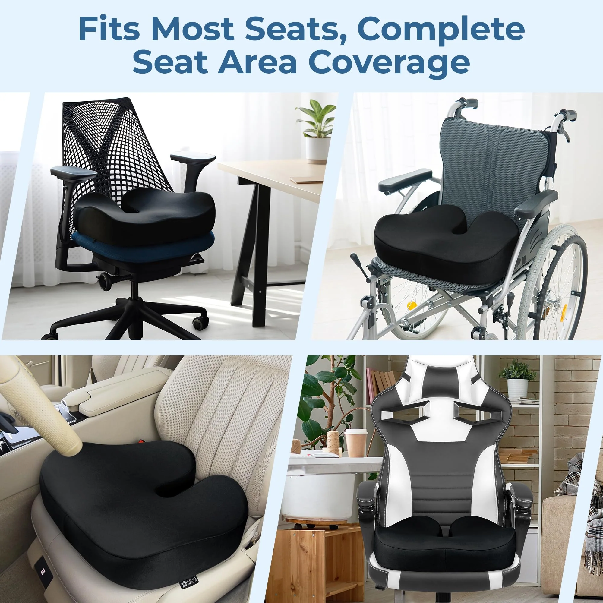 5 STARS UNITED Seat Cushion - Memory Foam Chair Cushion for Tailbone Pain Relief - Ergonomic Support for Coccyx, Sciatica & Butt - Office, Desk & Gaming Chair, Car Seat, Wheelchair, Black Suede - Image 5