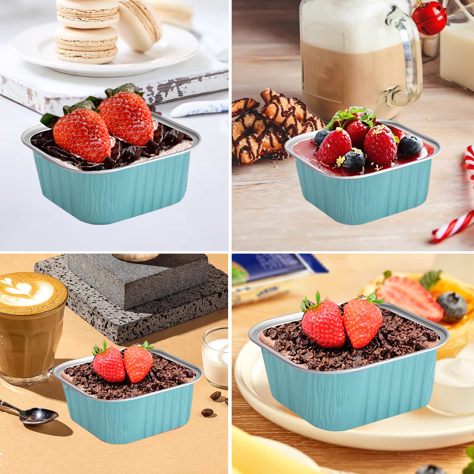50 Pcs Mini Square Baking Cups with Lids,10oz Aluminum Foil Mini Cake Pans with Lids,Disposable Ramekins Cake Pans,300ml Dessert Cups Cupcake Pans for Wedding Birthday Party,Blue - Image 3
