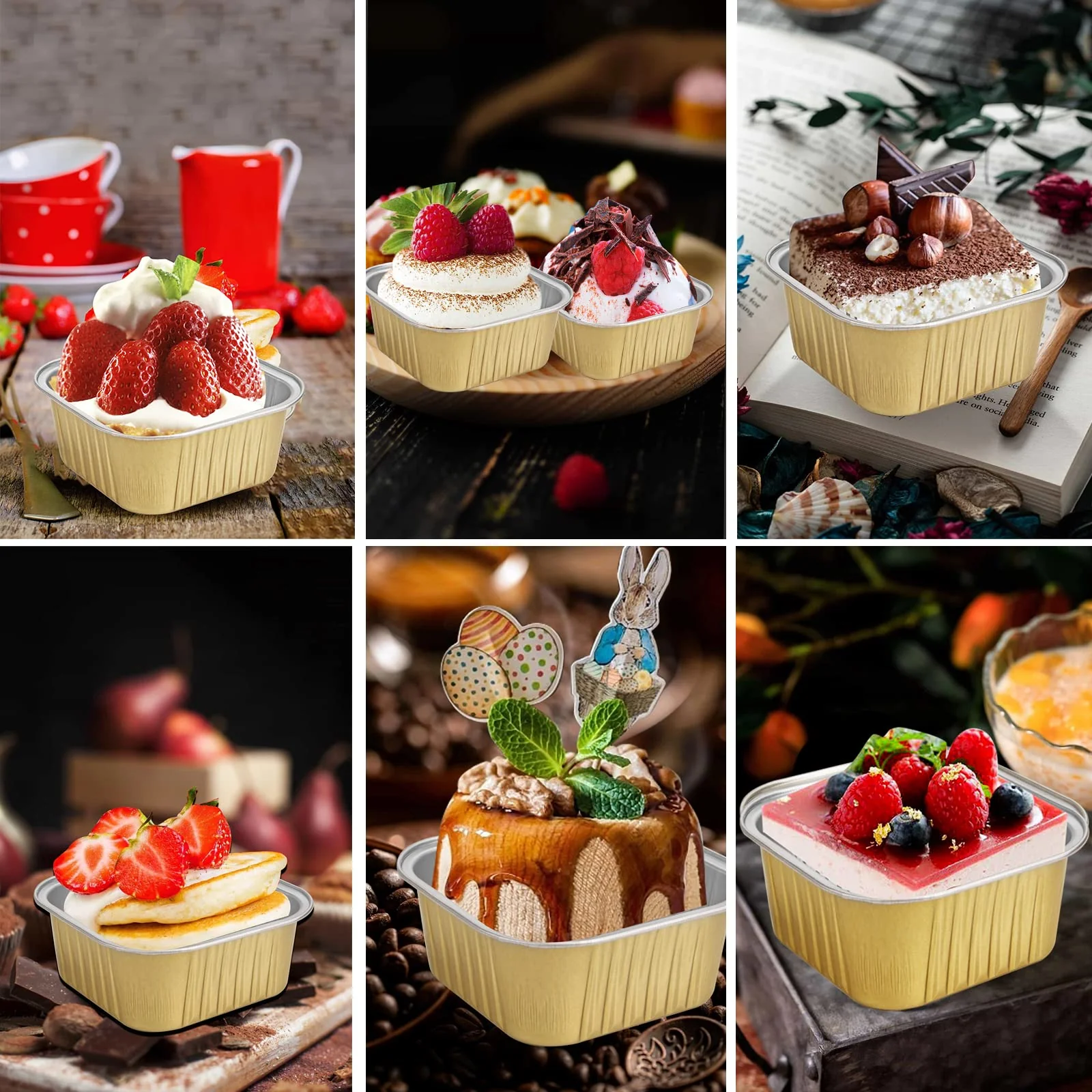 50 Pcs Mini Square Baking Cups with Lids,10oz Aluminum Foil Mini Cake Pans with Lids,Disposable Ramekins Cake Pans,300ml Dessert Cups Cupcake Pans for Wedding Birthday Party,Gold - Image 3