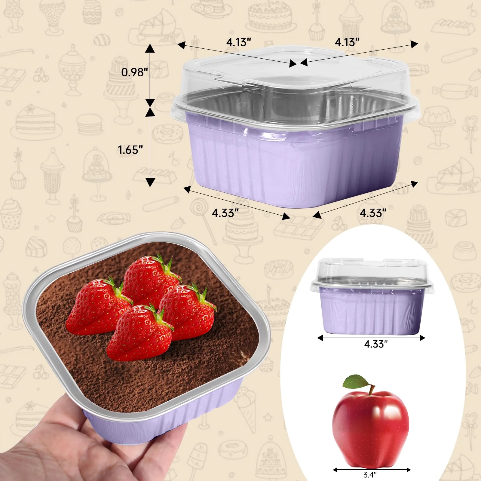 50 Pcs Mini Square Baking Cups with Lids,10oz Aluminum Foil Mini Cake Pans with Lids,Disposable Ramekins Cake Pans,300ml Dessert Cups Cupcake Pans for Wedding Birthday Party,Purple - Image 7
