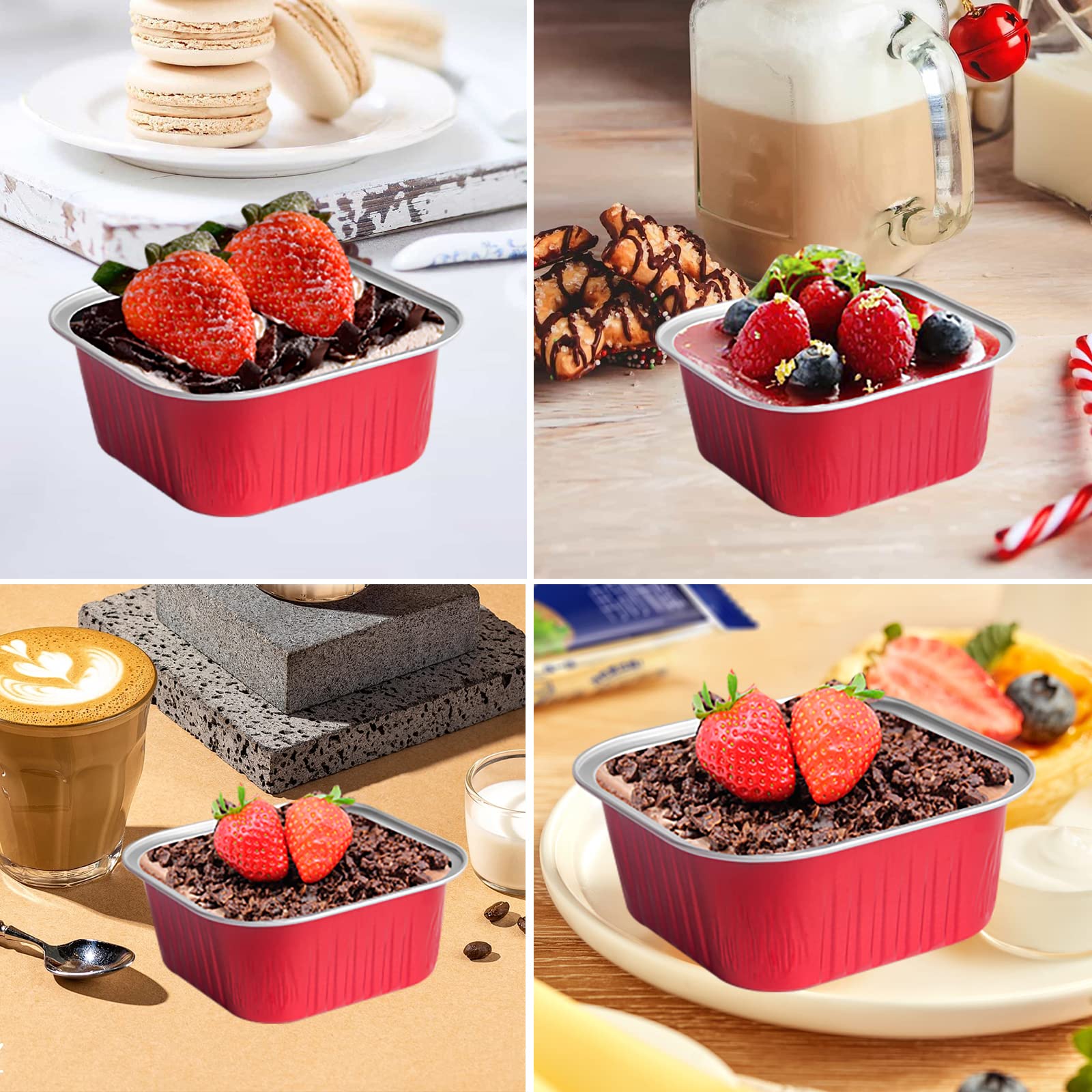50 Pcs Mini Square Baking Cups with Lids,10oz Aluminum Foil Mini Cake Pans with Lids,Disposable Ramekins Cake Pans,300ml Dessert Cups Cupcake Pans for Wedding Birthday Party,Red - Image 3