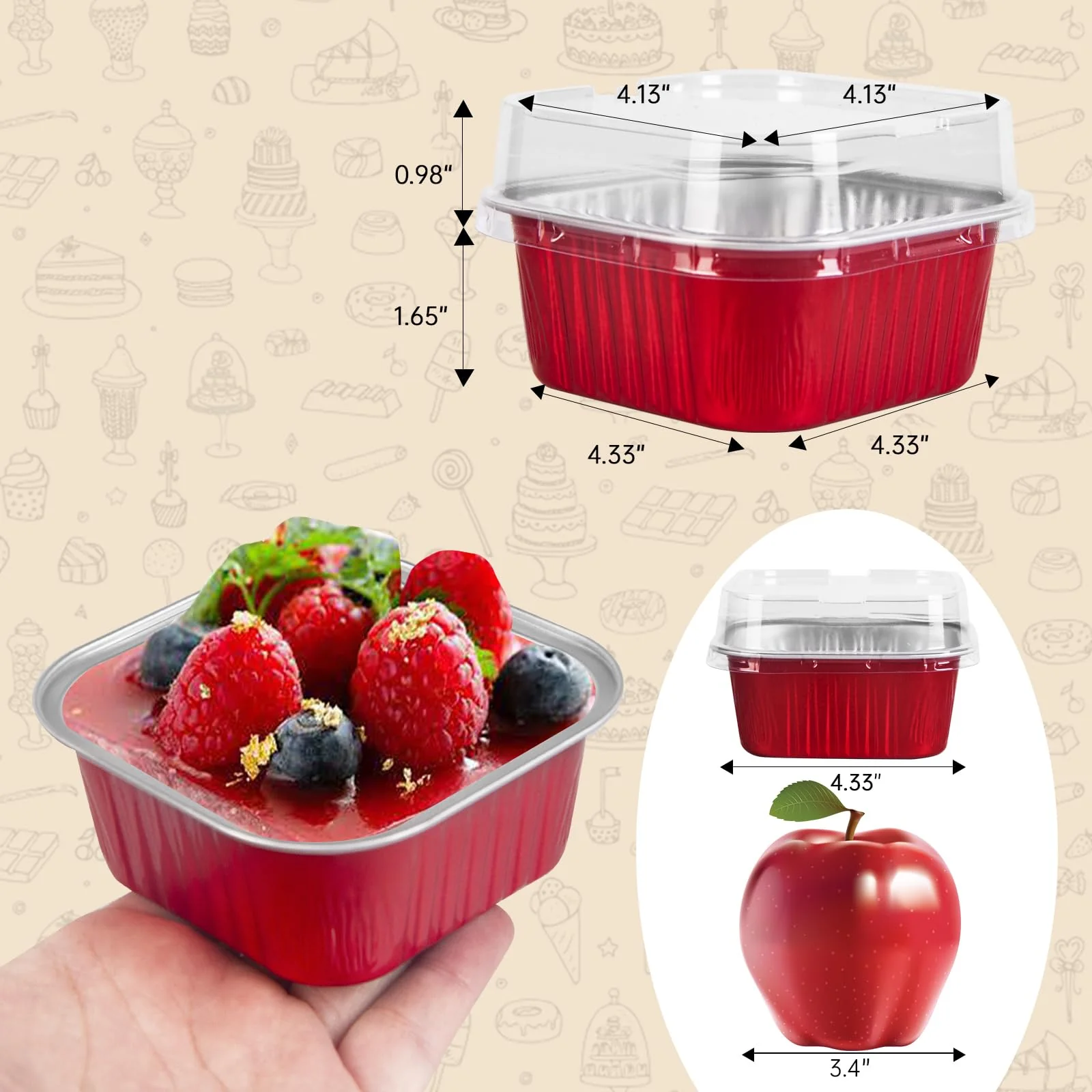 50 Pcs Mini Square Baking Cups with Lids,10oz Aluminum Foil Mini Cake Pans with Lids,Disposable Ramekins Cake Pans,300ml Dessert Cups Cupcake Pans for Wedding Birthday Party,Red - Image 7