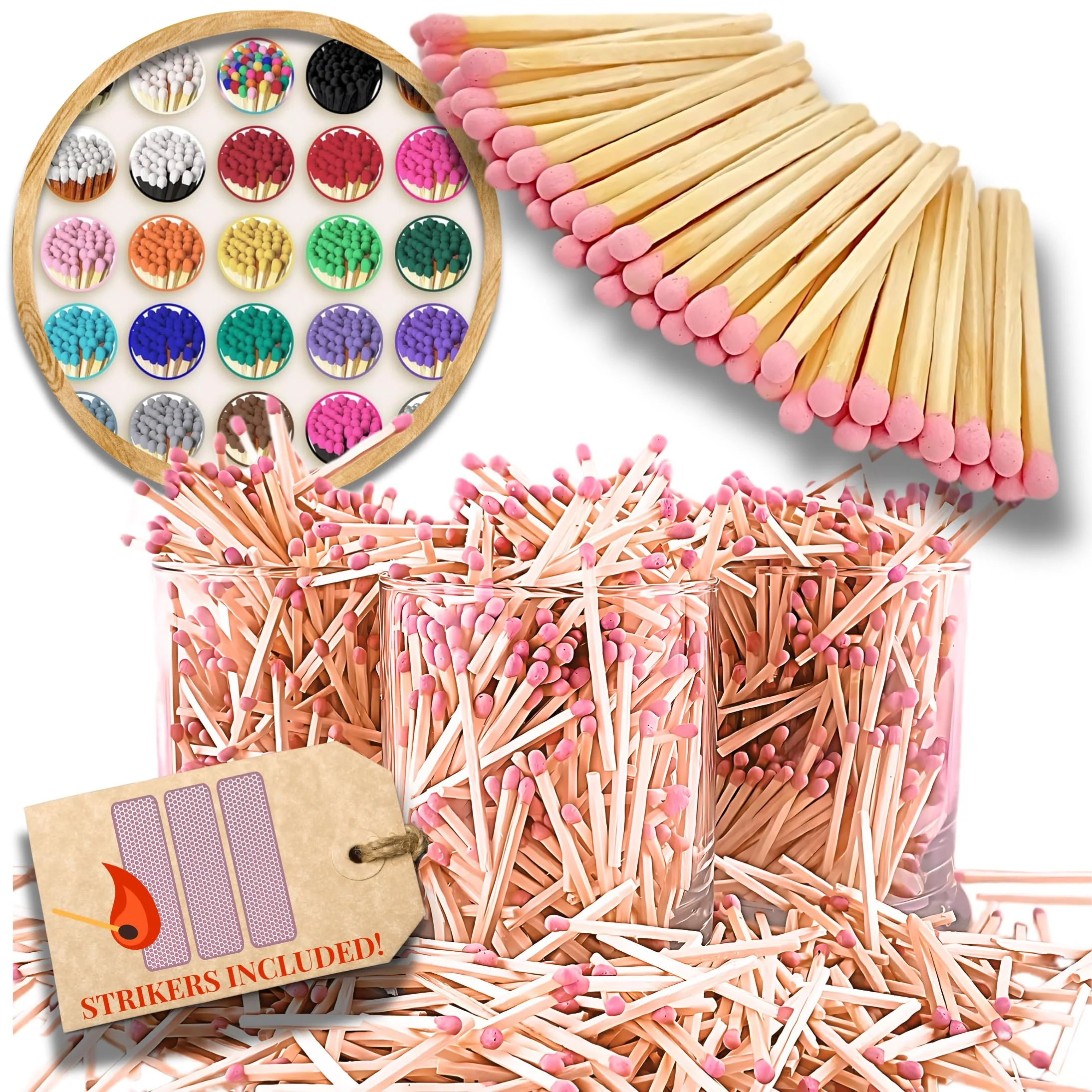 500 Count | 2" Pink Matches | Strikers Included | Color Tip Wooden Match | Refill for Matchstick Jars, Candle Display, Holders & Bottles | 2 in inches Long