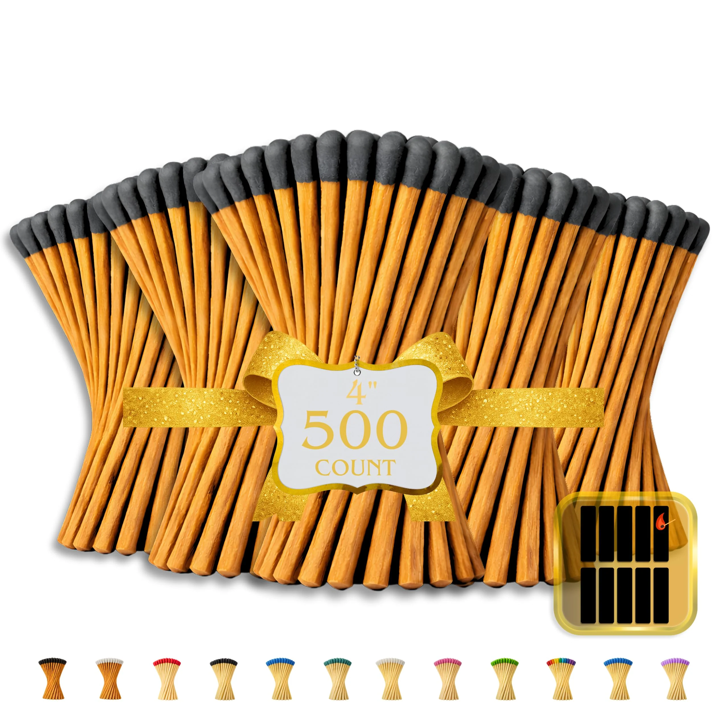 500 Count | 4" Brown Stick Matches | Strikers Included | Color Tip Wooden Match | Refill for Matchstick Jars, Candle Display, Holders & Bottles | 4 in inches Long