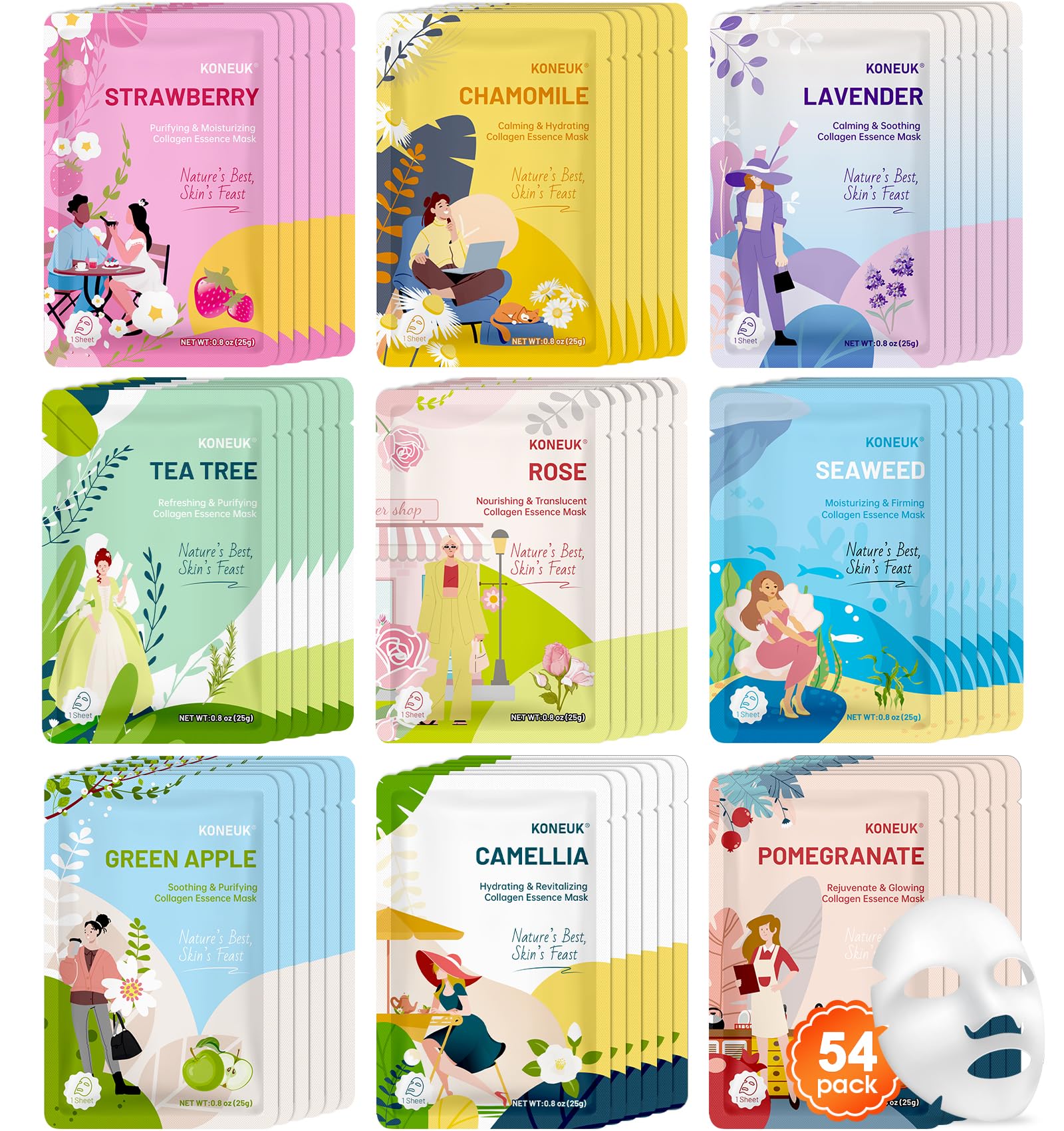 54 Pack Bulk Sheet Face Masks Skincare, Hydrating and Moisturizing Face Mask for All Skin Types, Collagen Facial Masks for Skin Care, Easter Basket Stuffers, Mothers Day Gifts (9 Types x 6 Pcs)