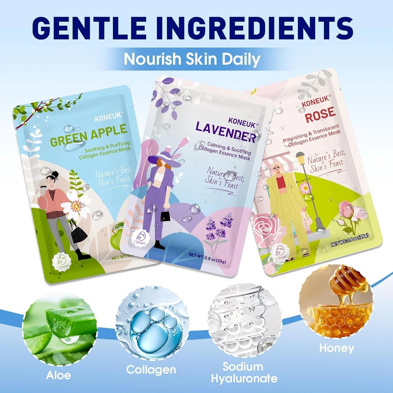 54 Pack Bulk Sheet Face Masks Skincare, Hydrating and Moisturizing Face Mask for All Skin Types, Collagen Facial Masks for Skin Care, Easter Basket Stuffers, Mothers Day Gifts (9 Types x 6 Pcs) - Image 5