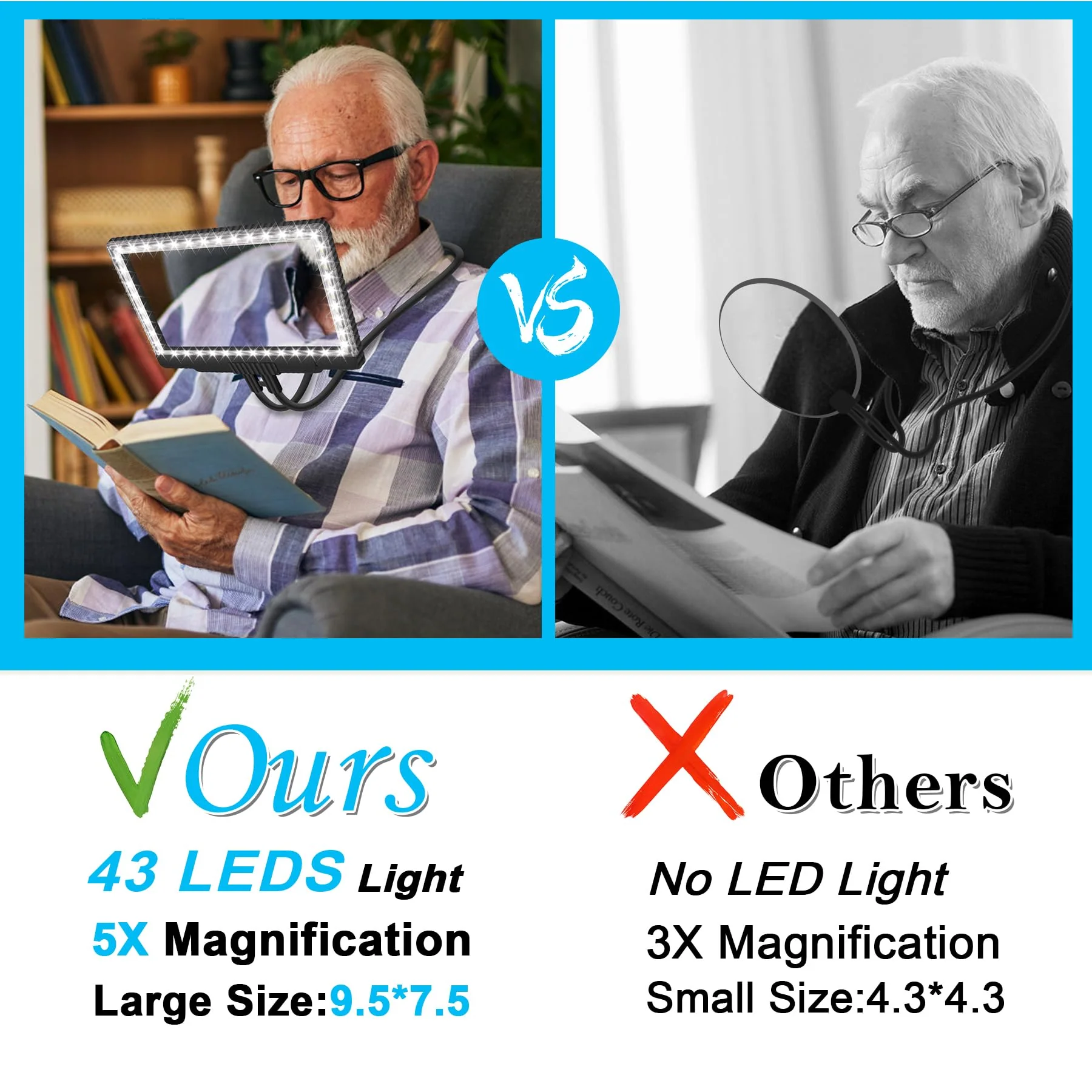 5X Large Hands Free Magnifying Glass with 43 Ultra-Bright LEDs Light for Reading Full Book Page Magnifier Flexible Gooseneck Magnifier for Neck Wear Repair Sewing Low Vision Elderly - Image 6