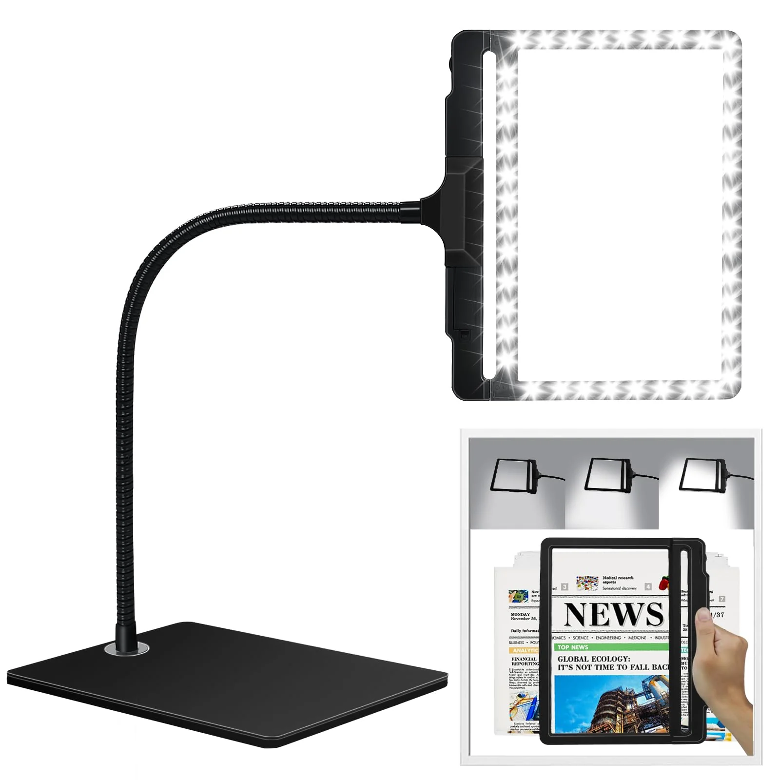 5X Large Magnifying Glass with Light and Stand, 42 LED Flexible Gooseneck Magnifying Desk Lamp, 2 in 1 Adjustable Brightness Detachable Large Page Magnifier for Reading, Sewing, Crafts, Painting, DIY