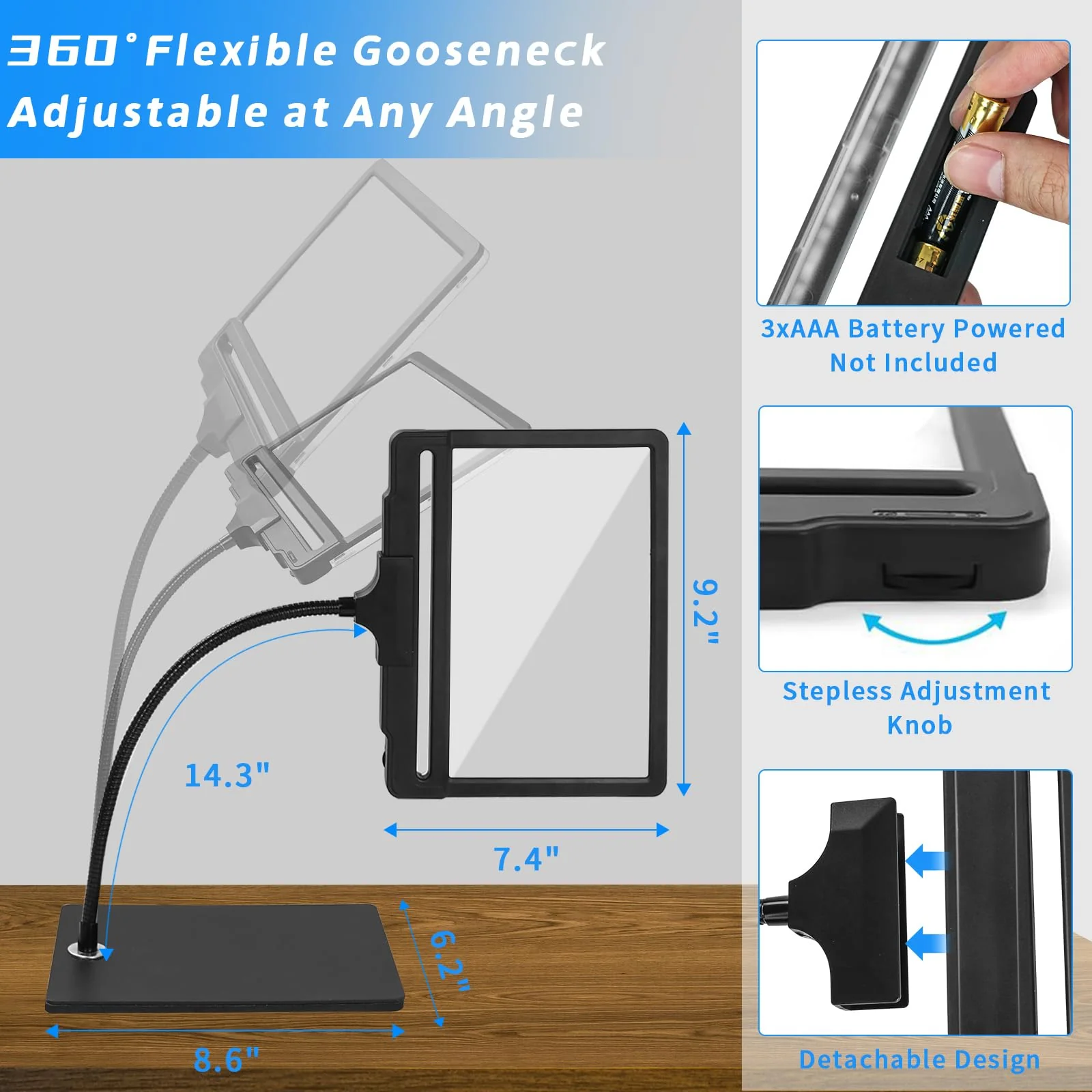 5X Large Magnifying Glass with Light and Stand, 42 LED Flexible Gooseneck Magnifying Desk Lamp, 2 in 1 Adjustable Brightness Detachable Large Page Magnifier for Reading, Sewing, Crafts, Painting, DIY - Image 5