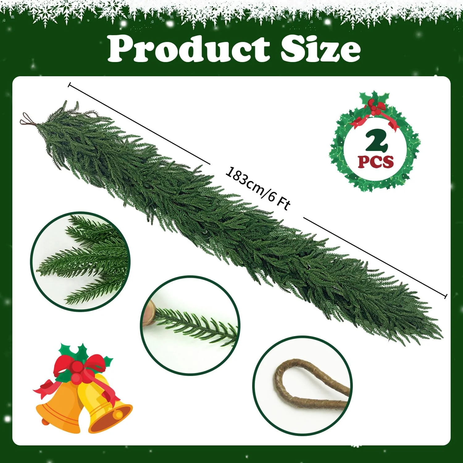 6 Ft 2 Pcs Artificial Norfolk Pine Garland, Real Touch Green Faux Greenery Garland for Christmas Table, Mantle, Wall, Fireplace, Indoor Outdoor Holiday Decor - Image 8