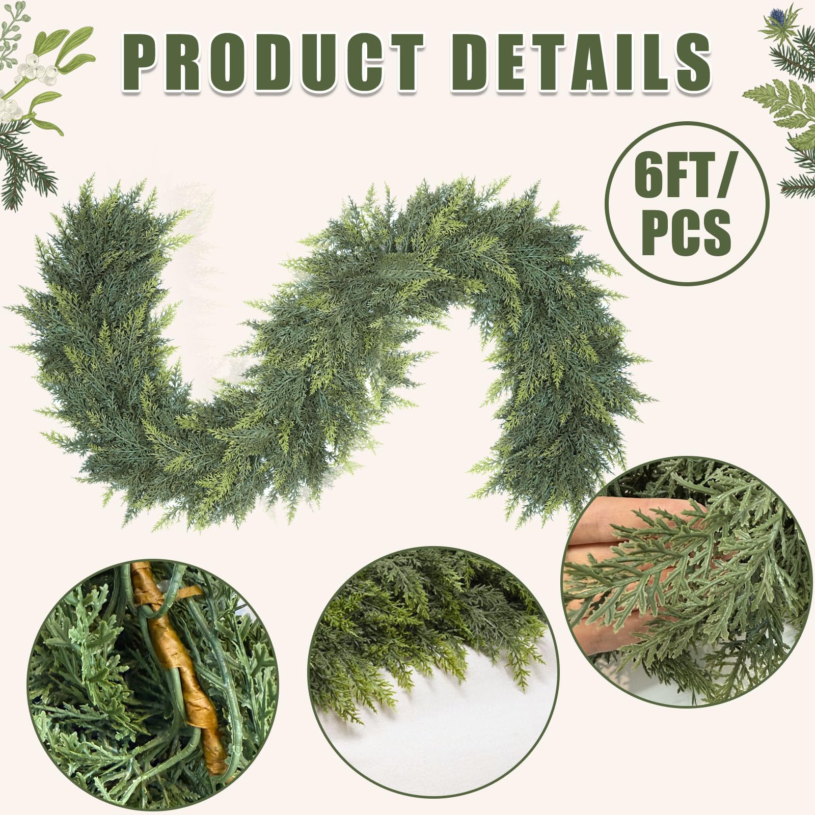 6 Ft Christmas Cedar Garland, Realistic Faux Pine Garlands, Green Artificial Greenery Garland for Winter Home, Mantle, Fireplace, Indoor, Outdoor Christmas Decorations (1Pcs) - Image 7