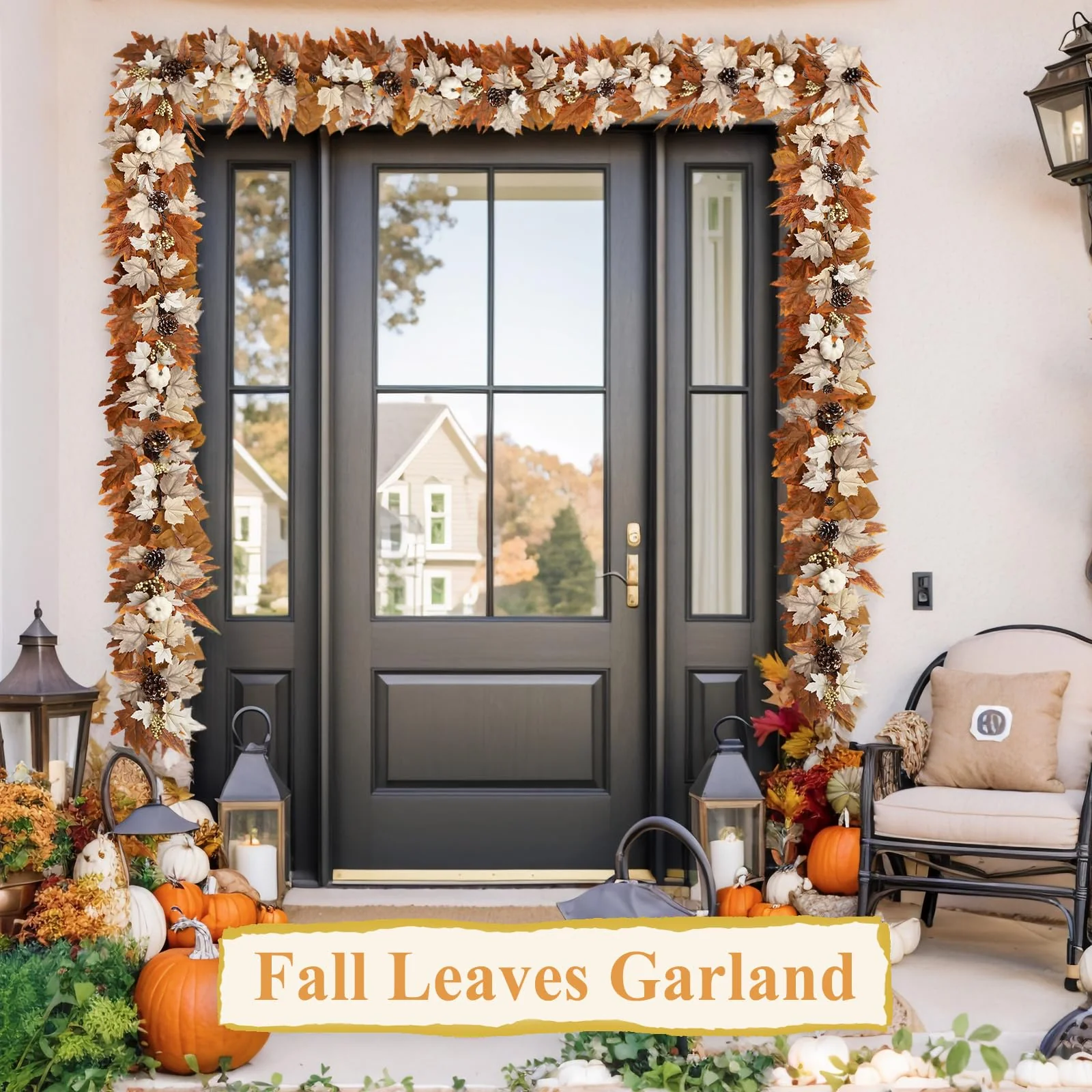 6 FT Fall Garland with Lights Automatic ON/Off Fall Leaves Mantle Garland with Pumpkins Berries Pinecones Outdoor Thanksgiving Christmas Autumn Centerpiece Decorations for Home Door Fireplace Porch - Image 2