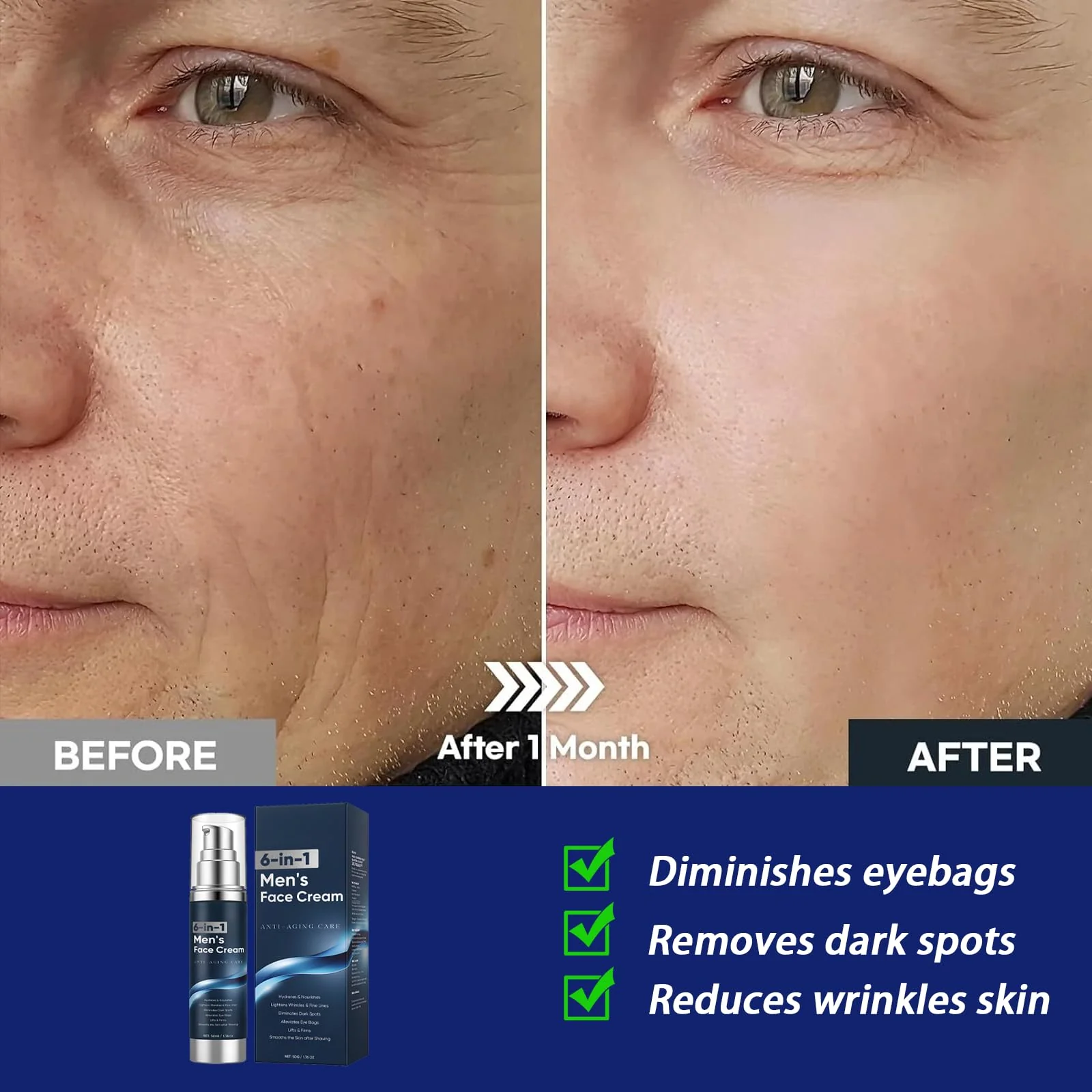 6 in 1 Face Cream for Men – Anti Aging Men’s Moisturizer with Collagen, Hyaluronic Acid and Shea Butter – Daily Skin Care – Reduce the Look of Eye Bags, Dark Circles and Puffiness – 1.76 fl oz (1) - Image 2