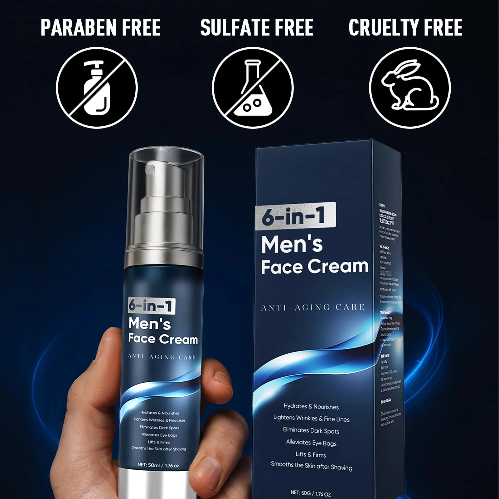6 in 1 Face Cream for Men – Anti Aging Men’s Moisturizer with Collagen, Hyaluronic Acid and Shea Butter – Daily Skin Care – Reduce the Look of Eye Bags, Dark Circles and Puffiness – 1.76 fl oz (1) - Image 3