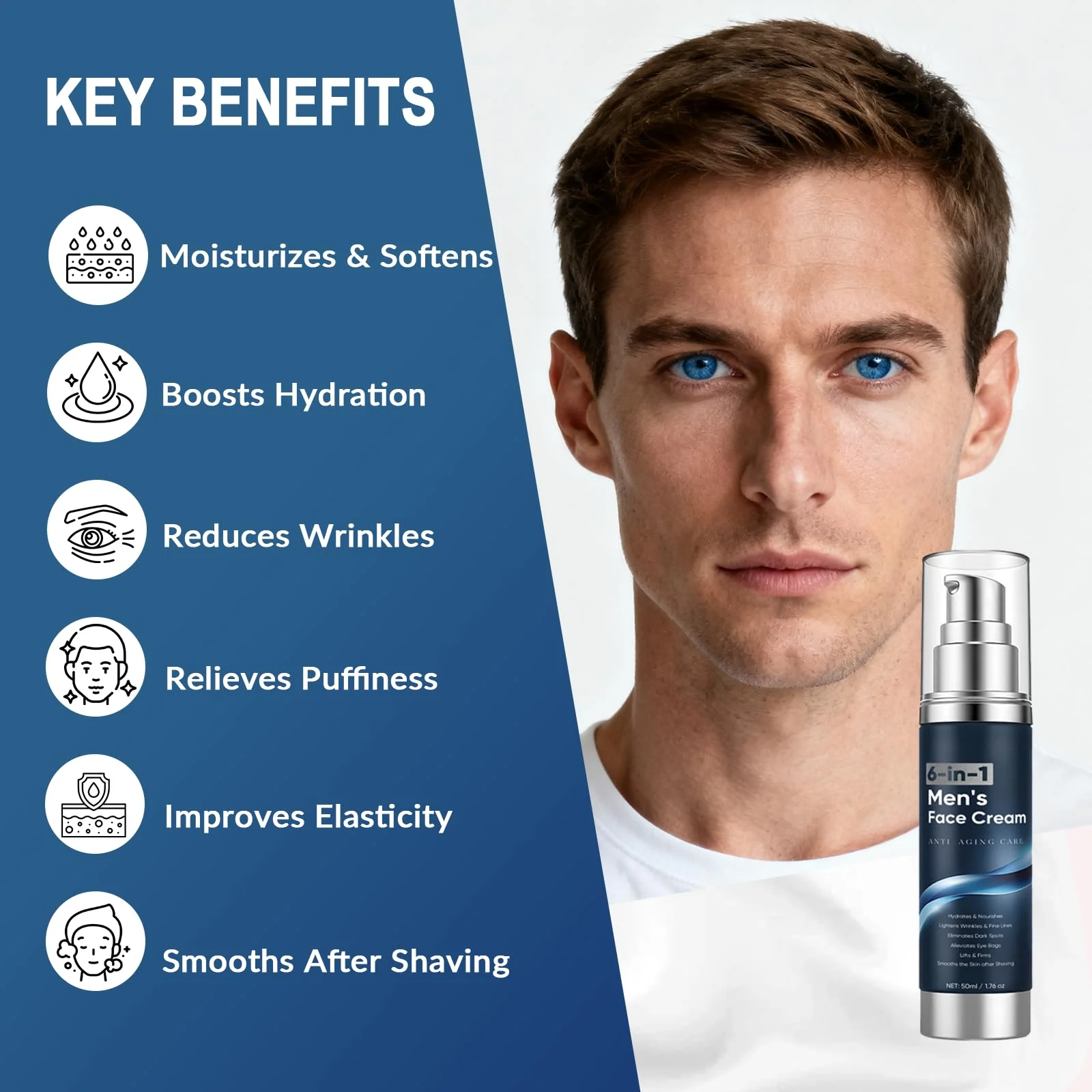 6 in 1 Face Cream for Men – Anti Aging Men’s Moisturizer with Collagen, Hyaluronic Acid and Shea Butter – Daily Skin Care – Reduce the Look of Eye Bags, Dark Circles and Puffiness – 1.76 fl oz (1) - Image 6