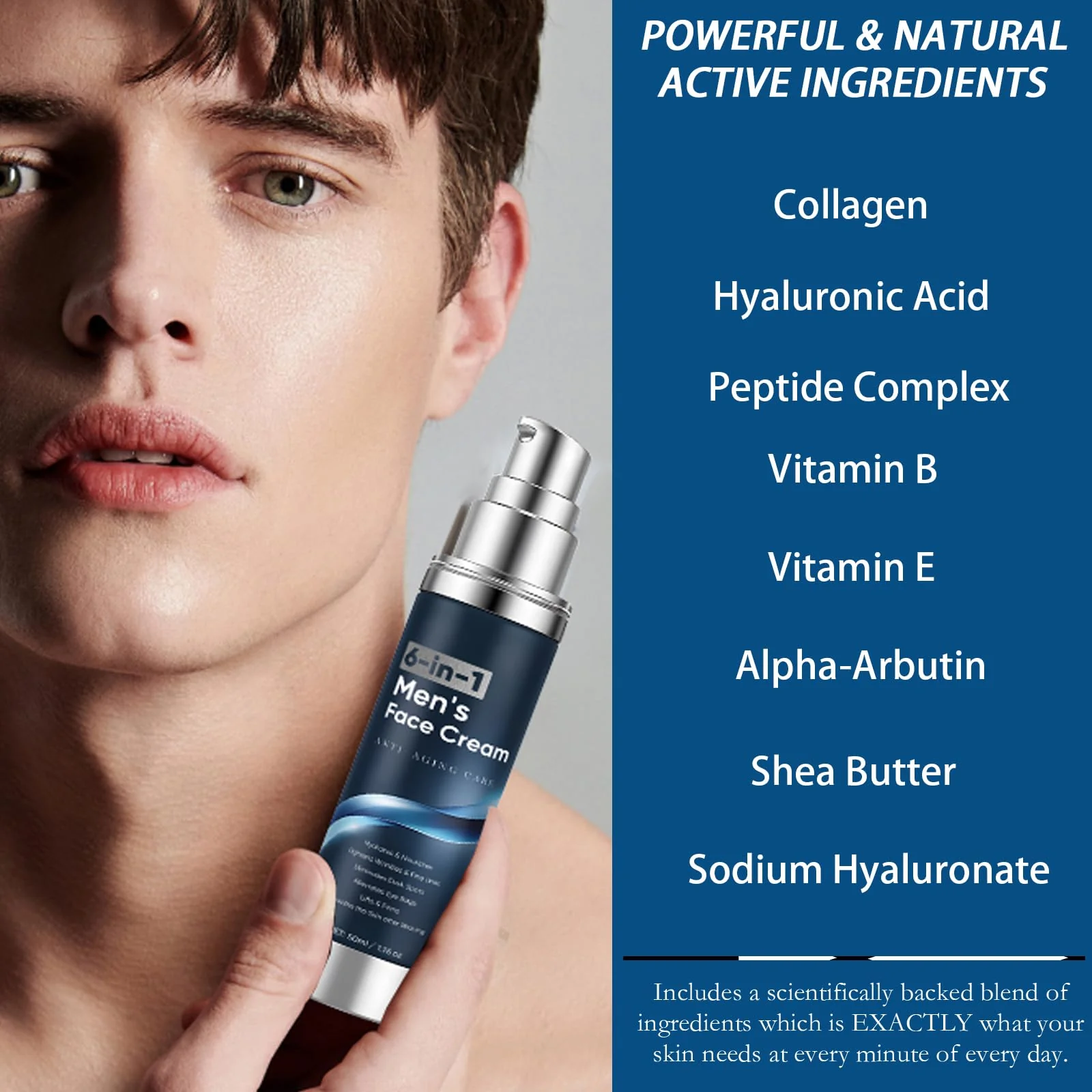 6 in 1 Face Cream for Men – Anti Aging Men’s Moisturizer with Collagen, Hyaluronic Acid and Shea Butter – Daily Skin Care – Reduce the Look of Eye Bags, Dark Circles and Puffiness – 1.76 fl oz (1) - Image 7