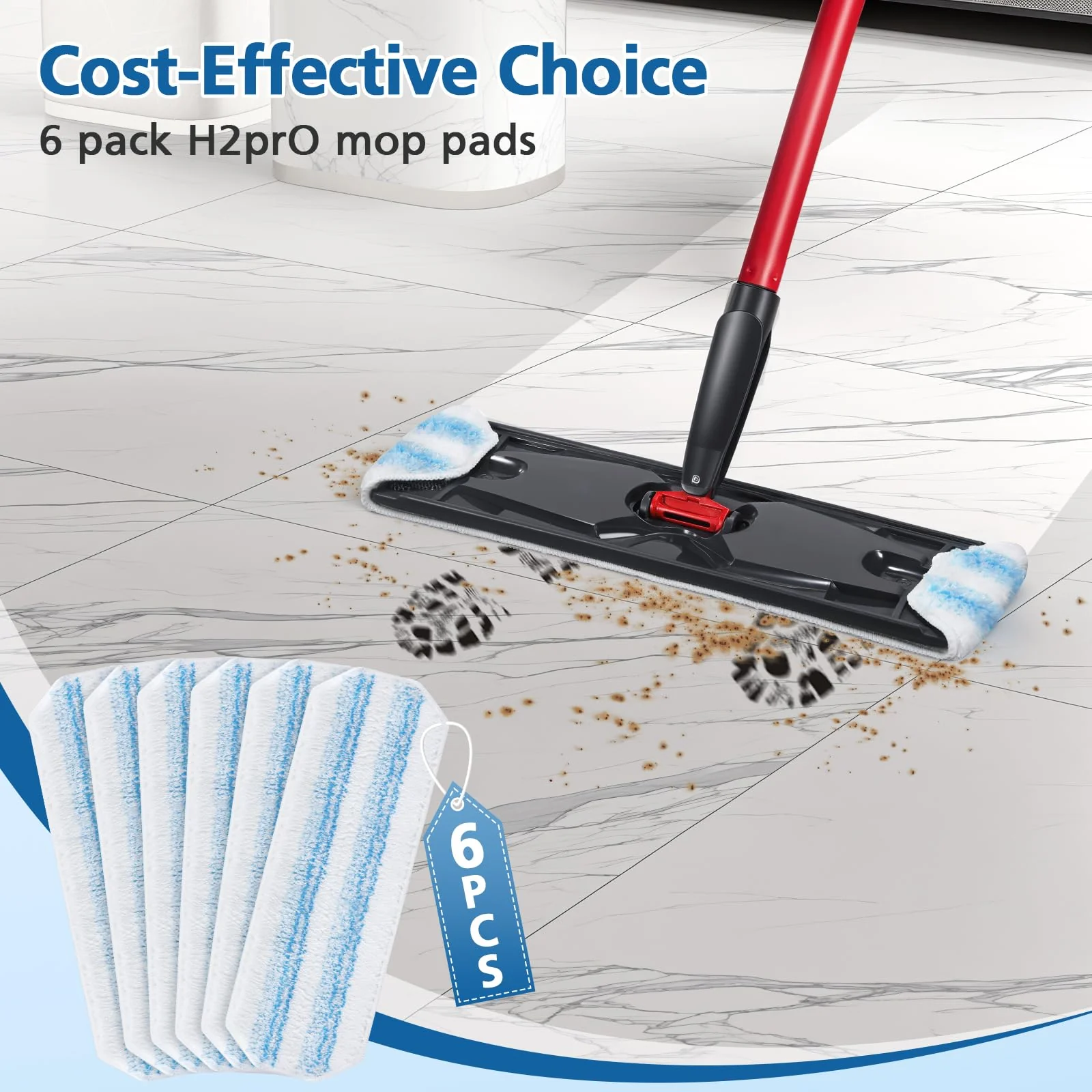 6 Pack H2prO Mop Pads Compatible with O Ceda H2PrO Flat Mop System, 100% Microfiber Mop Head Replacements, Washable and Reusable for H2prO Mop Refills, White - Image 3