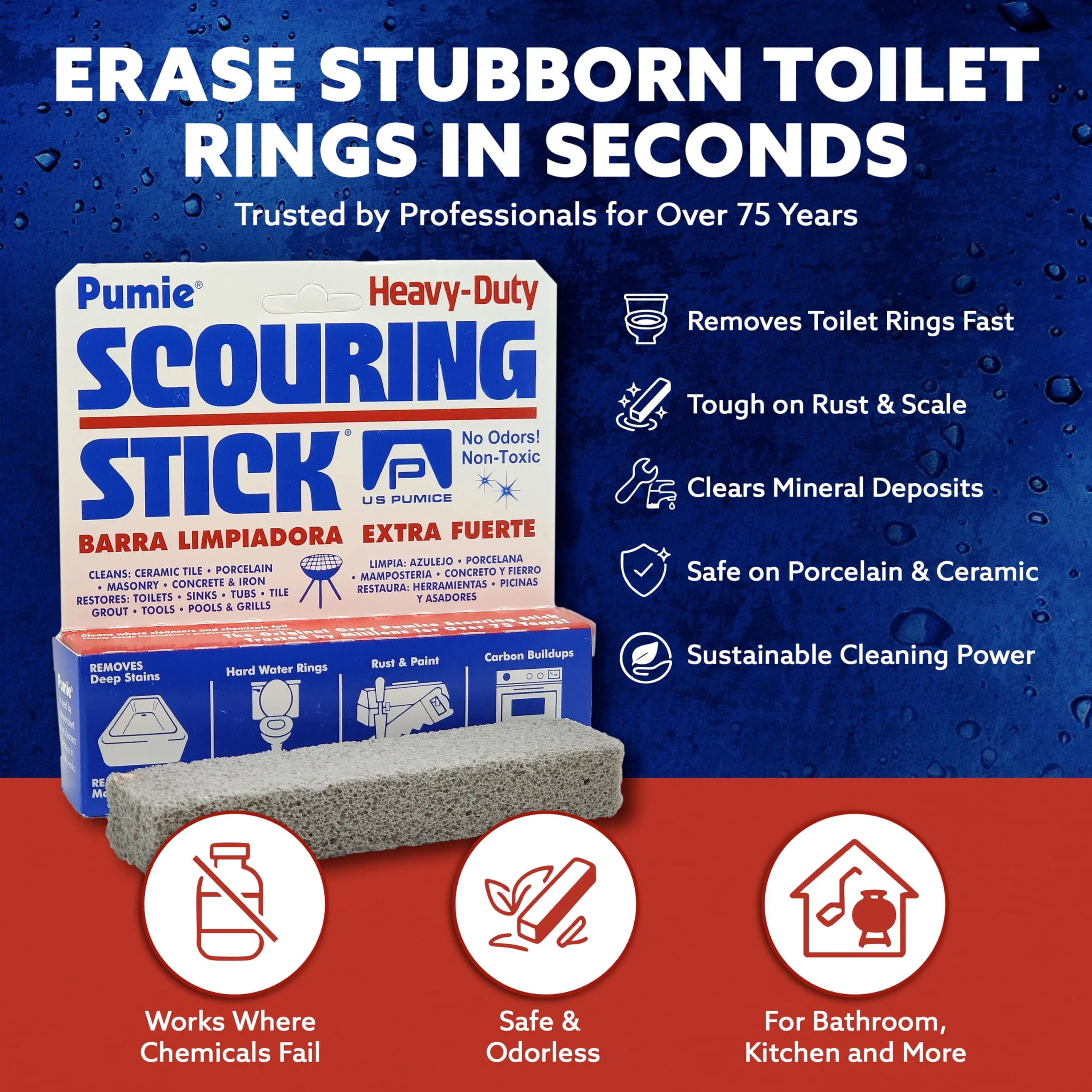 6-Pack PUMIE HDW Scouring Stick for Toilet Bowl Cleaning, Cleans Toilet Bowl Hard Water Rings, Buildups, Rust & Tough Stains, Perfect Pumice Stone for Cleaning Bathtub, Pools, Kitchens, Sinks & Grills - Image 8