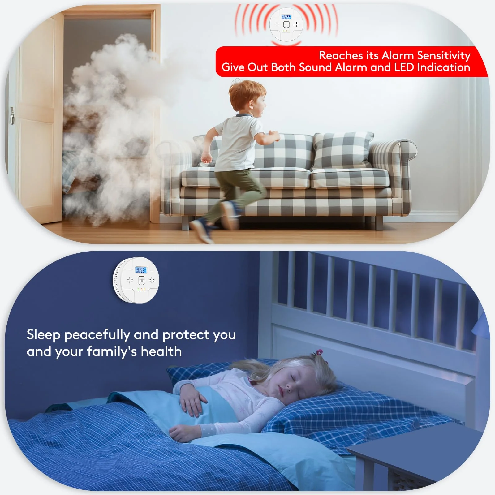 6 Packs,2 in 1 Technology, Smoke,Carbon Monoxide Detector, Co Alarm,85db Alert,LCD Readout,3 Color LED Indication,(Green Light Blinking at Work), with 3 AA Batteries,Easy Install,for Home and Kitchen - Image 2