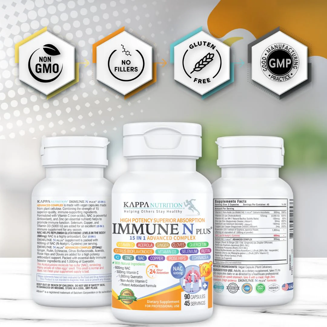 (60 Capsules), NAC 600mg, Quercetin 1,000mg, Vitamin C 500mg, Zinc 50mg, Vitamin D3 5,000iu, Selenium, Copper, Acerola, Ginger, Rutin, Citrus Bioflavonoids, Rose Hips, Echinacea, Immune N Plus 15 in 1 - Image 3