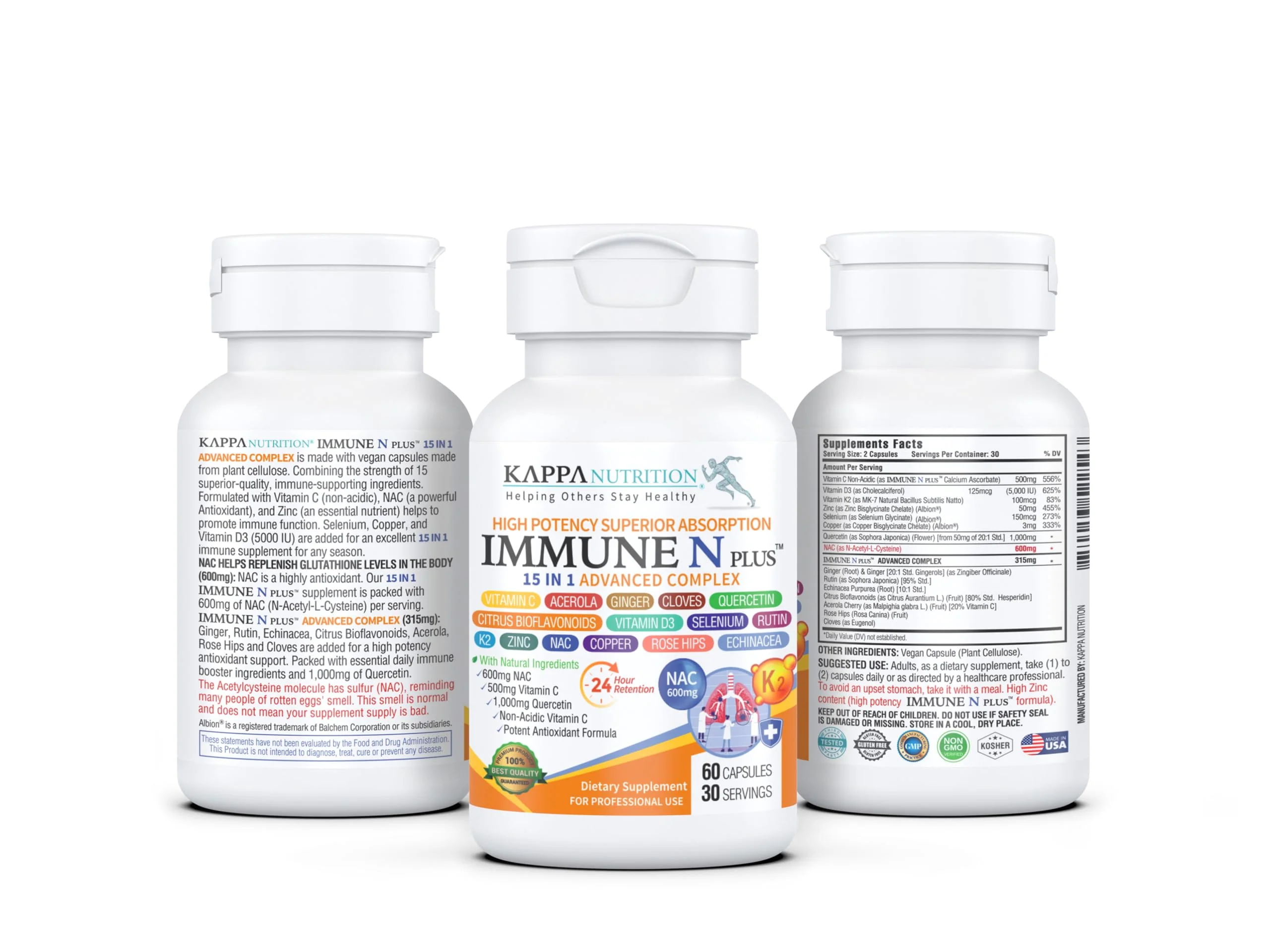 (60 Capsules), NAC 600mg, Quercetin 1,000mg, Vitamin C 500mg, Zinc 50mg, Vitamin D3 5,000iu, Selenium, Copper, Acerola, Ginger, Rutin, Citrus Bioflavonoids, Rose Hips, Echinacea, Immune N Plus 15 in 1 - Image 8