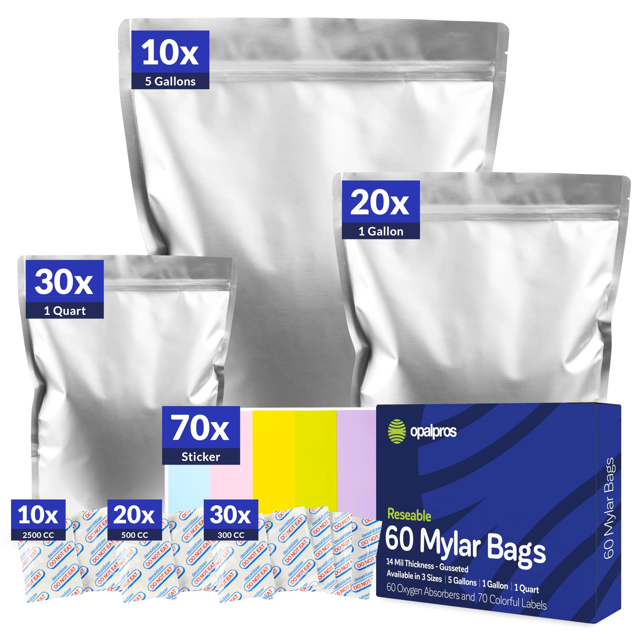 60-Pack 14 Mil Mylar Bags with Oxygen Absorbers, Gusseted 5 Gallon(10), 1 Gallon(20) & 1 Quart(30) Bags with 2500cc, 500cc & 300cc OA - Resealable Mylar Bags for Food Storage with Colourful labels