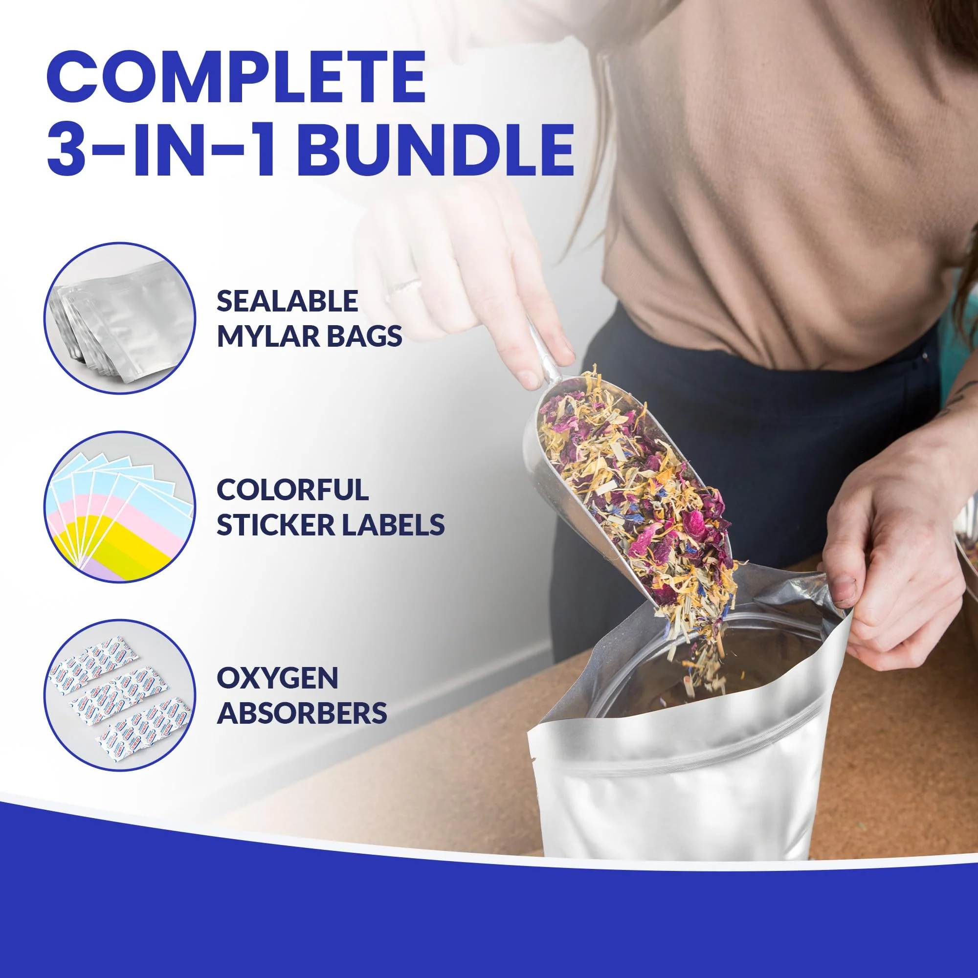60-Pack 14 Mil Mylar Bags with Oxygen Absorbers, Gusseted 5 Gallon(10), 1 Gallon(20) & 1 Quart(30) Bags with 2500cc, 500cc & 300cc OA - Resealable Mylar Bags for Food Storage with Colourful labels - Image 7