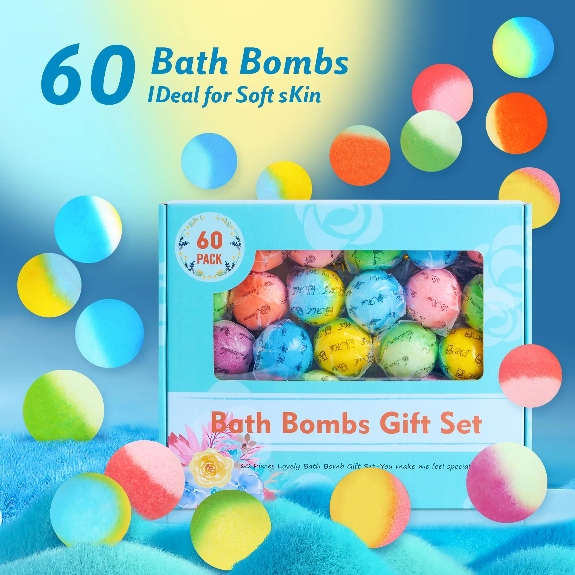 60 Pcs Bath Bombs Set - Massive Quantity Natural Bath Bombs for Kids/Women/Men Individually Wrapped Handmade Organic Bath Supplies Relaxing Kit - for Birthday, Christmas, Mother's Day - Image 3