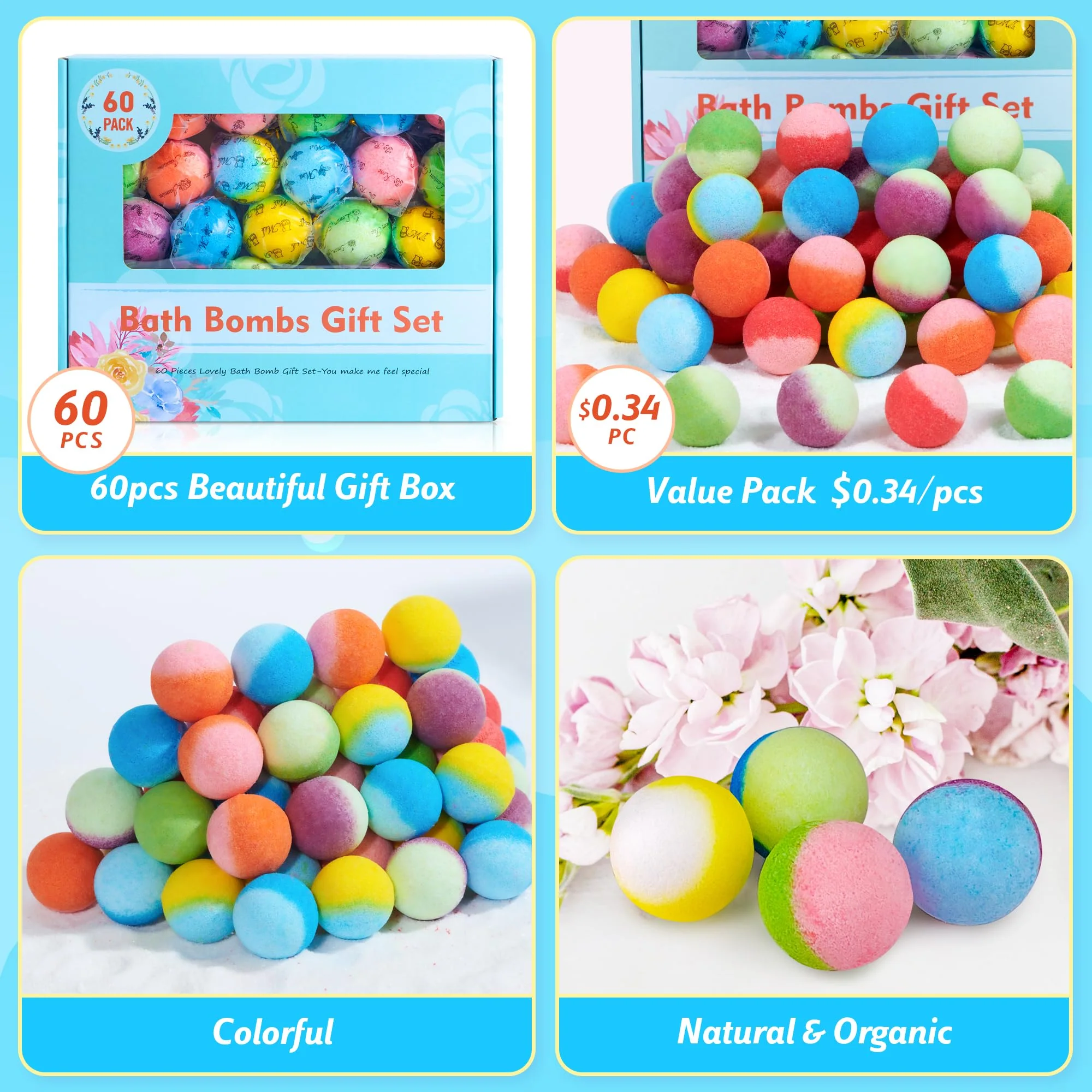 60 Pcs Bath Bombs Set - Massive Quantity Natural Bath Bombs for Kids/Women/Men Individually Wrapped Handmade Organic Bath Supplies Relaxing Kit - for Birthday, Christmas, Mother's Day - Image 7