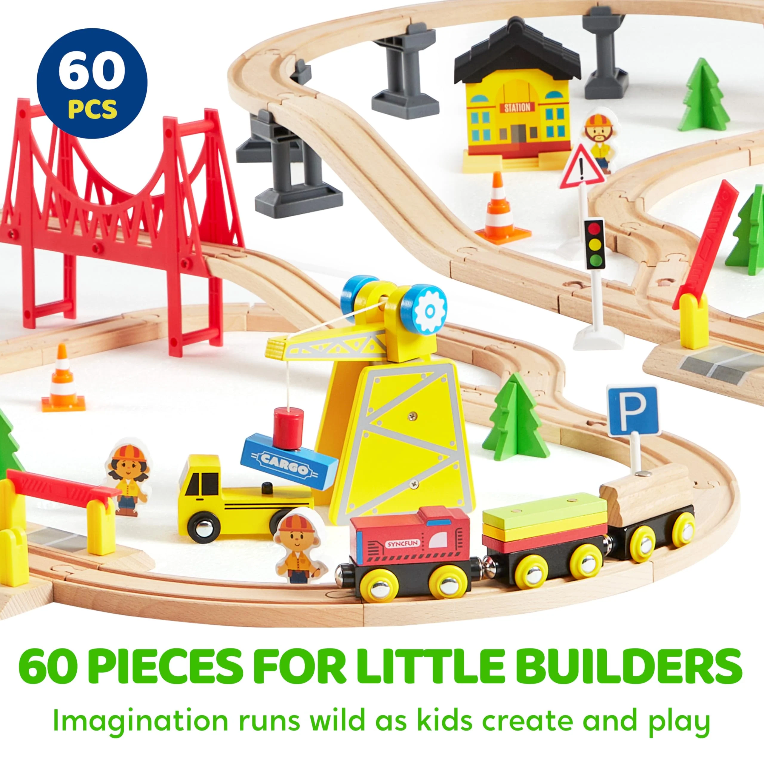 60PCS Wooden Train Set - Toy Magnetic Trains with Wooden Track Set for Kids Ages 3-8, Construction Crane Railway Set, Perfect Christmas Birthday Gift for Grandkids Toddlers Boys Girls - Image 7