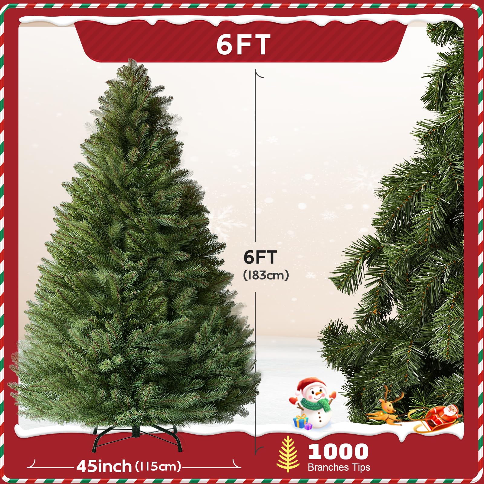 6ft Artificial Christmas Tree Premium Pine Xmas Tree with 1000 Branch Tip, 1 Minute Christmas Tree Unlit Realistic Holiday Party Decor for Home Office, Foldable Stand, Easy Assembly - Image 7