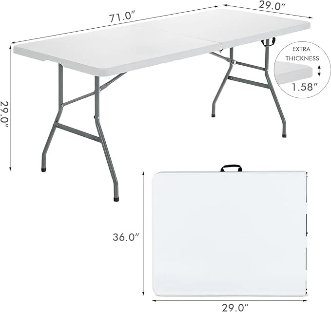 6ft Portable Folding Table Heavy Duty – White Plastic Picnic Party Table with Handle for Camping, Backyard BBQ, Vendor Events, Christmas Use - Image 8