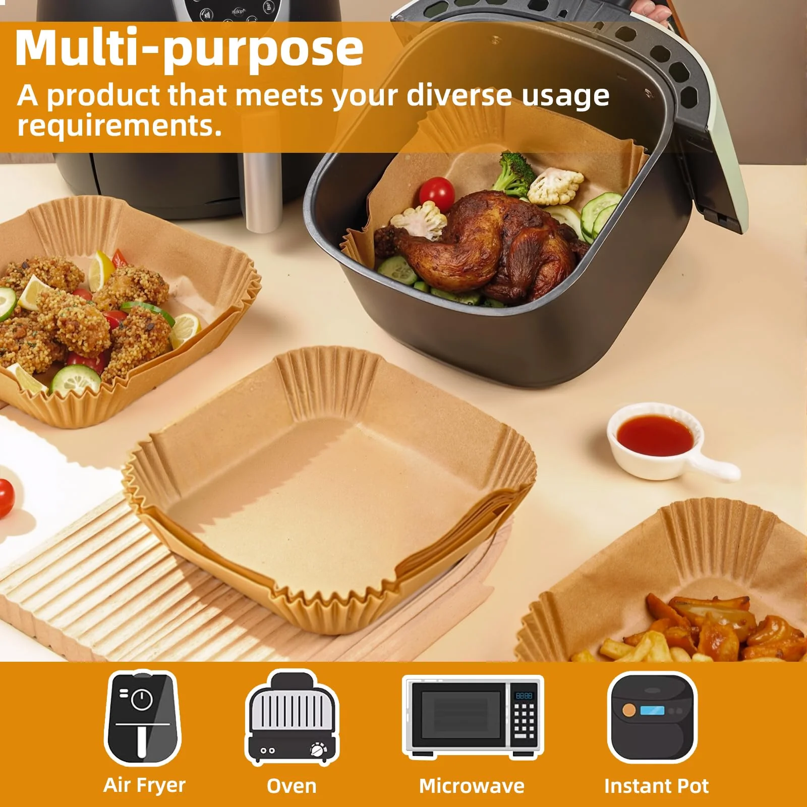 7.1 inch Air Fryer Paper Liners for Instant Pot Vortex Plus 4QT, 200pcs 3-6 Qt Thickened Square Disposable Parchment Liner Compatible with Ninja AF141/Chefman/Cosori Airfryer - Image 2