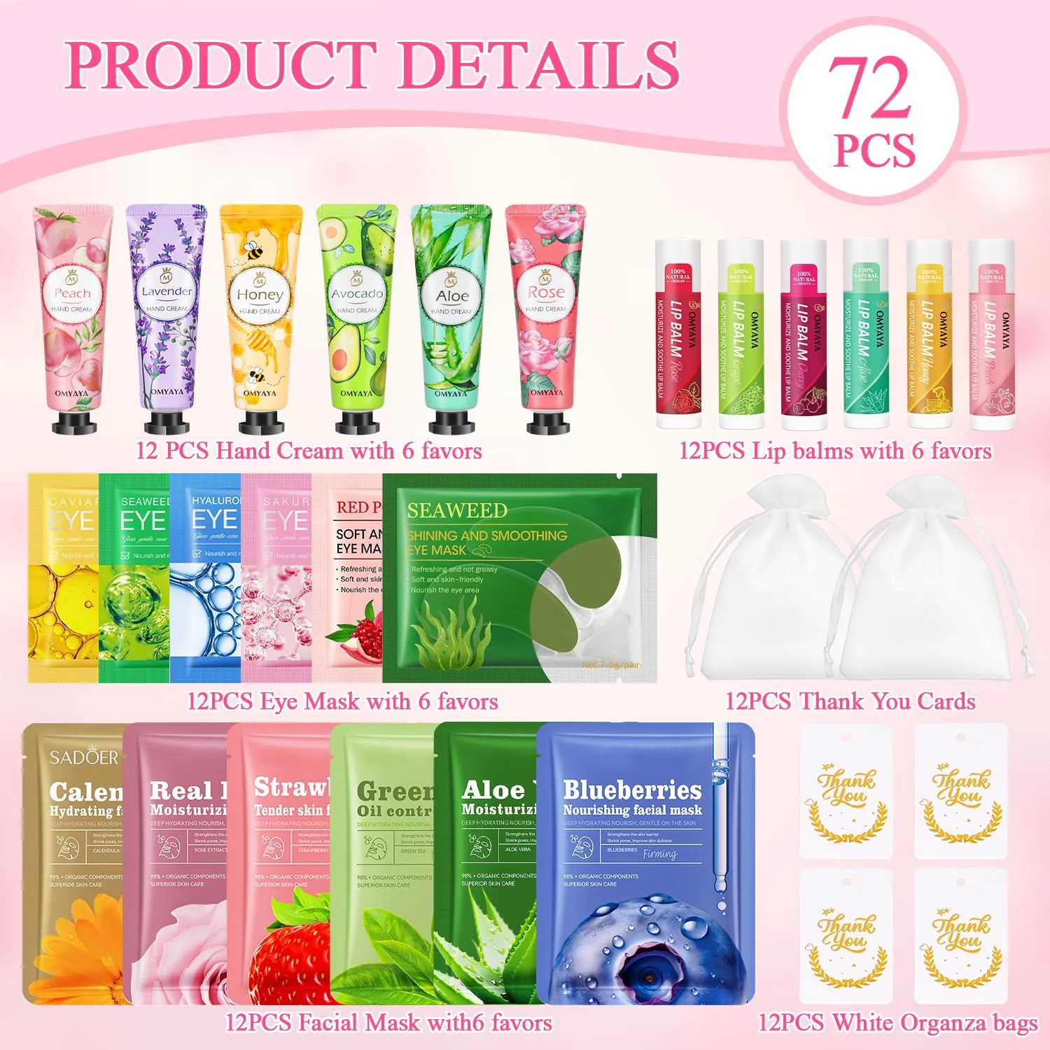 72 Pcs Bulk Gifts For Women, Bulk Facial Mask, Lip Balms, Hand Creams & Under Eye Patches, Spa Party Supplies,Party Favors For Bridal Wedding, Baby Shower,Sleepover Party, Christmas Stocking Stuffers - Image 8