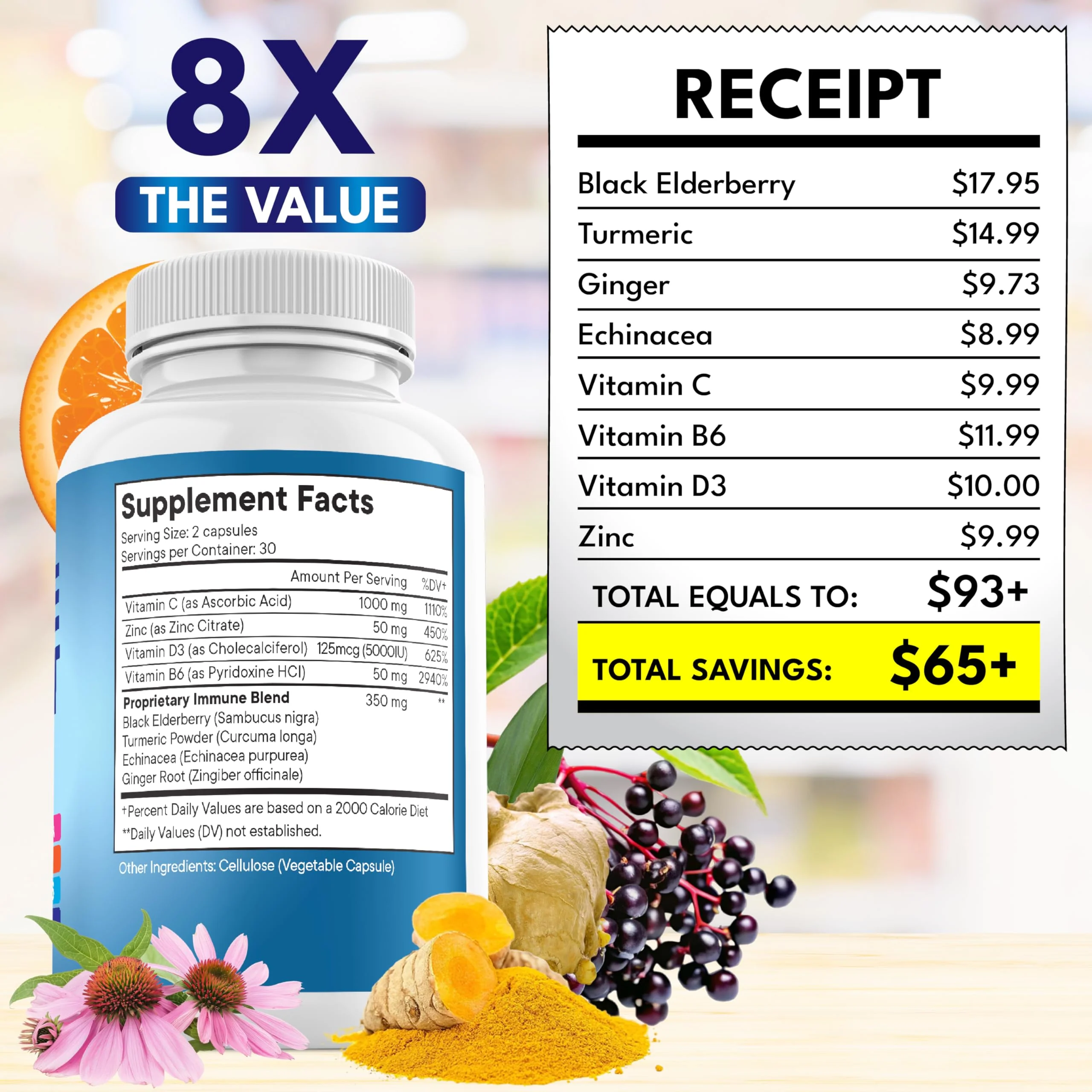 8 in 1 Immune Support Booster Supplement with Echinacea, Vitamin C and Zinc 50mg, Vitamin D 5000 IU, Turmeric Curcumin & Ginger, B6, Elderberry (8 in 1 Capsules (Pack of 3)) - Image 5