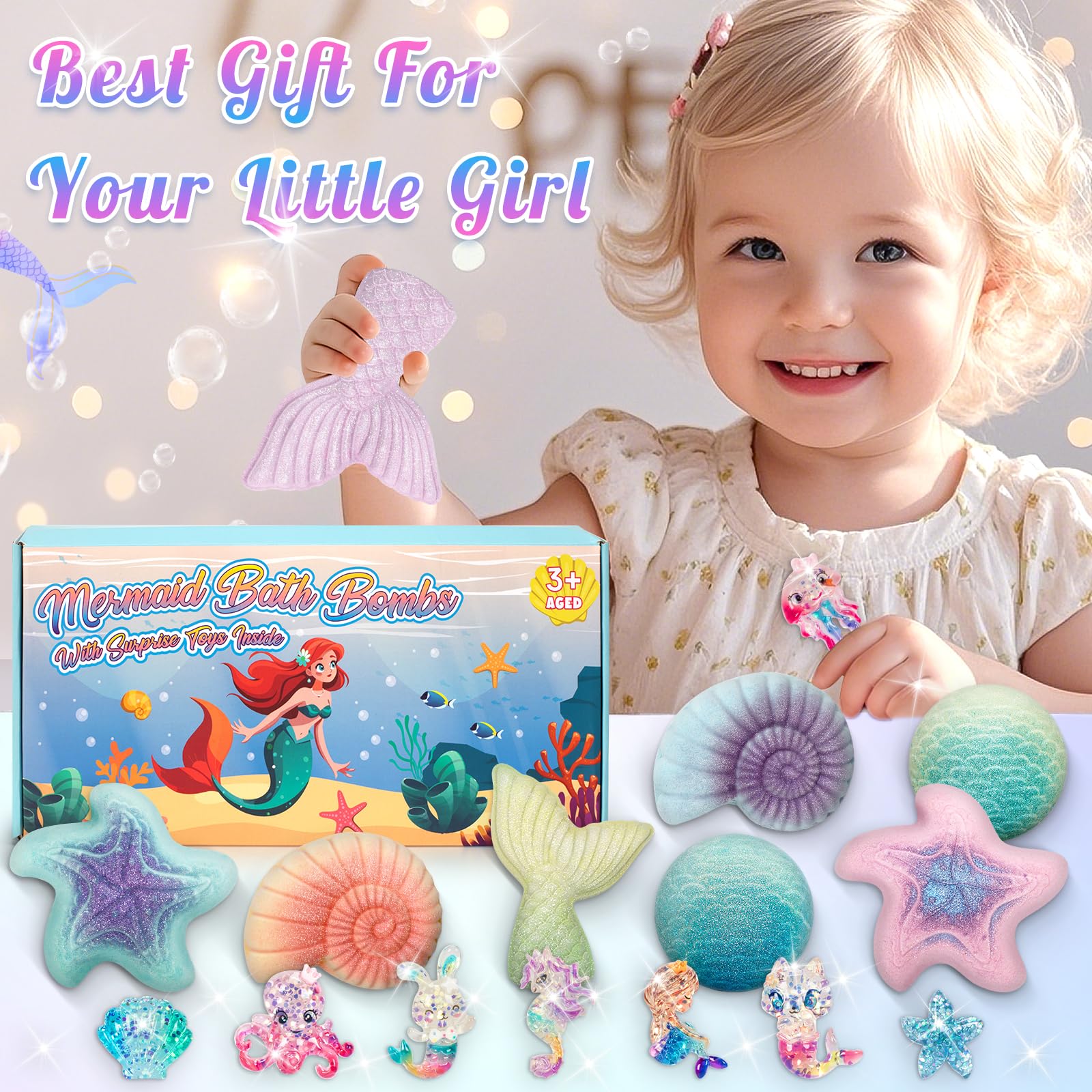 8 Packs Bath Bombs for Kids Girls, Mermaid Bath Bomb with Surprise Toys Inside, Princess Bubble Bath Toys for Kids Aged 4-8, Christmas Birthday Gifts for Girls 3 4 5 6 7 8 - Image 3