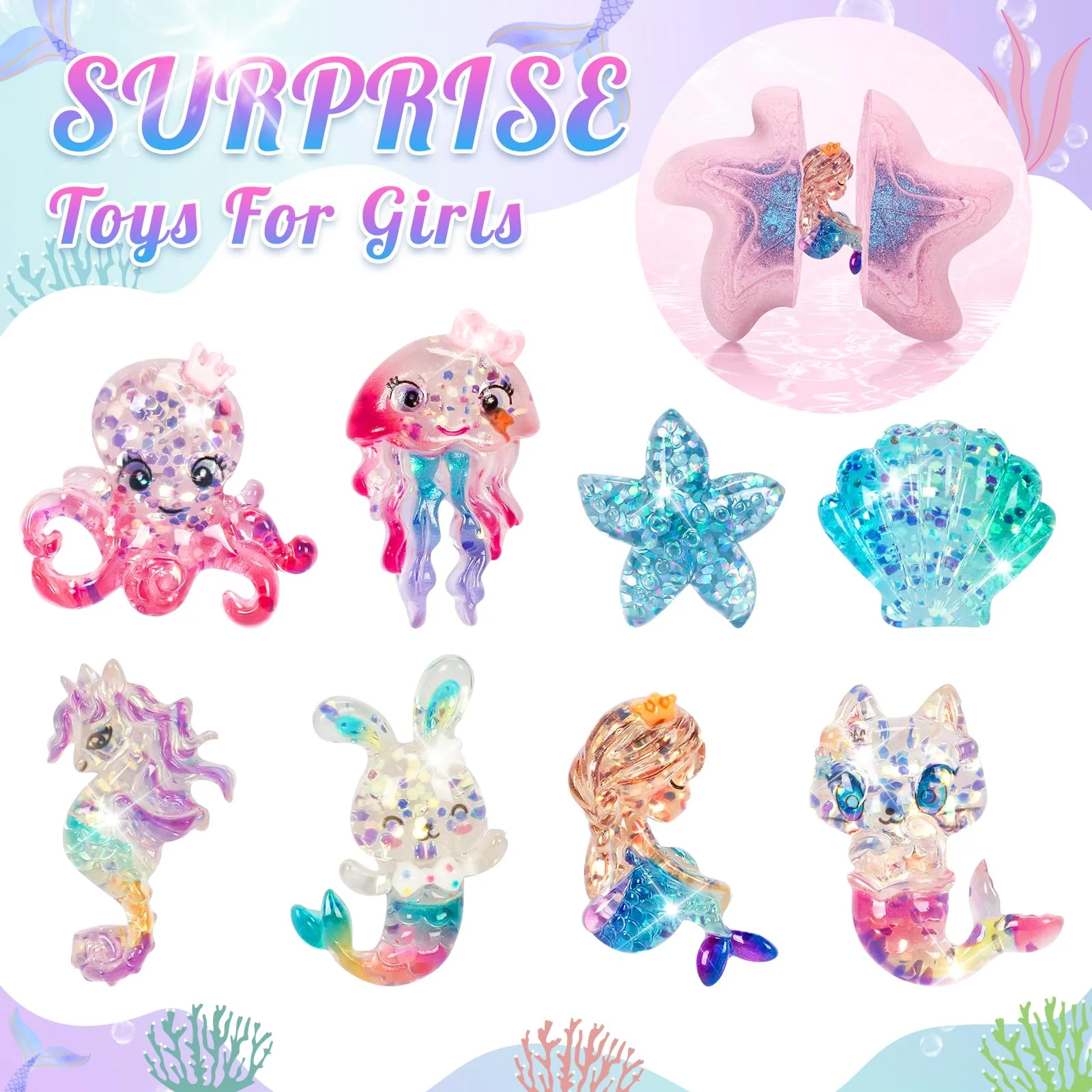 8 Packs Bath Bombs for Kids Girls, Mermaid Bath Bomb with Surprise Toys Inside, Princess Bubble Bath Toys for Kids Aged 4-8, Christmas Birthday Gifts for Girls 3 4 5 6 7 8 - Image 6