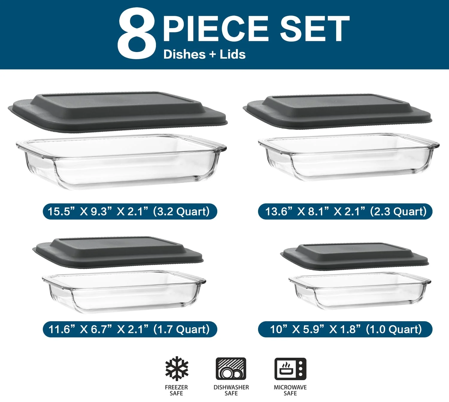 8-Piece Deep Glass Baking Dish Set with Plastic lids,Rectangular Glass Bakeware Set with Lids, Baking Pans for Lasagna, Leftovers, Cooking, Kitchen, Freezer-to-Oven and Dishwasher, Gray - Image 7
