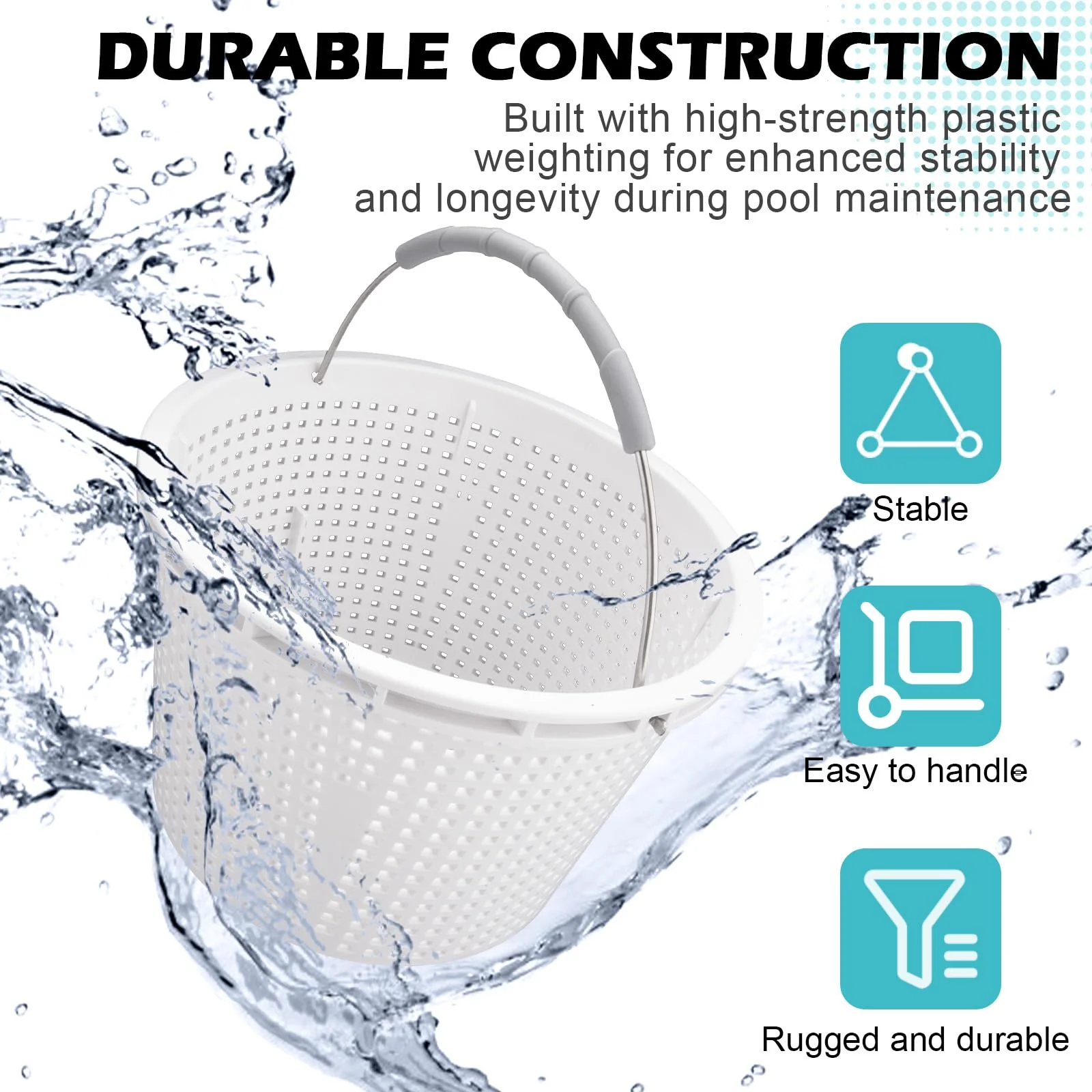 8" Pool Skimmer Basket for Inground Pool Compatible with Pentair U-3 Skimmer Basket 08650-0007 and Hayward SP1070 SPX1070E Pool Basket ，Stainless Steel Handle，Rubber Grip & Built in weighting，White - Image 5