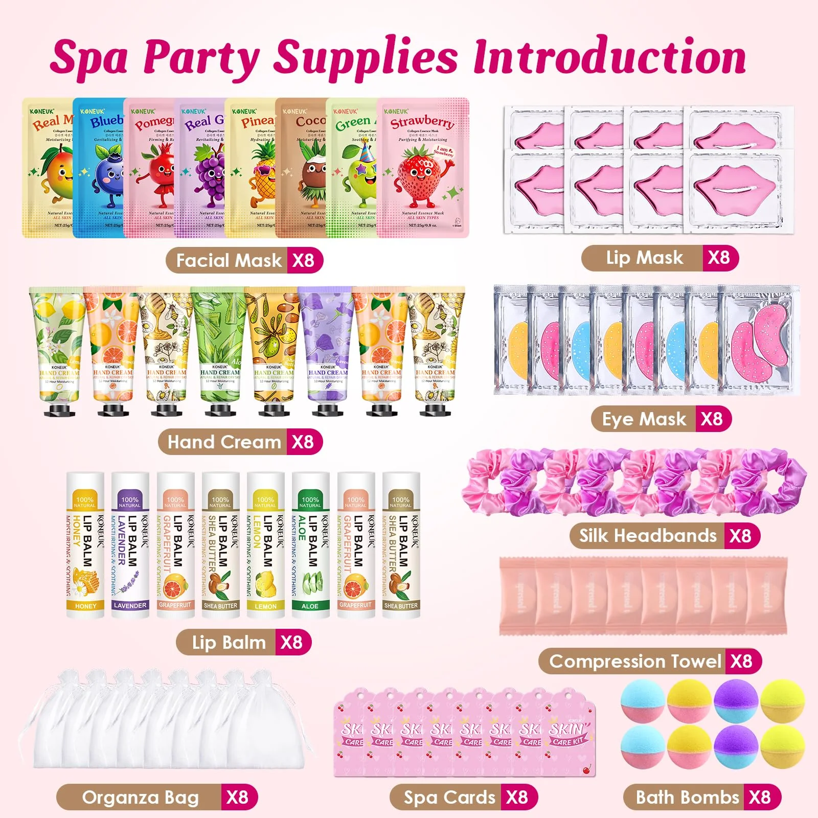 80PCS Spa Party Supplies for Girls, Include Facial Masks, Lip Balm, Hand Cream, Under Eye Patches, Lip Mask, Foot Bath Bombs, Compressed Towels, Sleepover and Spa Birthday Party Supplies for Girls - Image 7